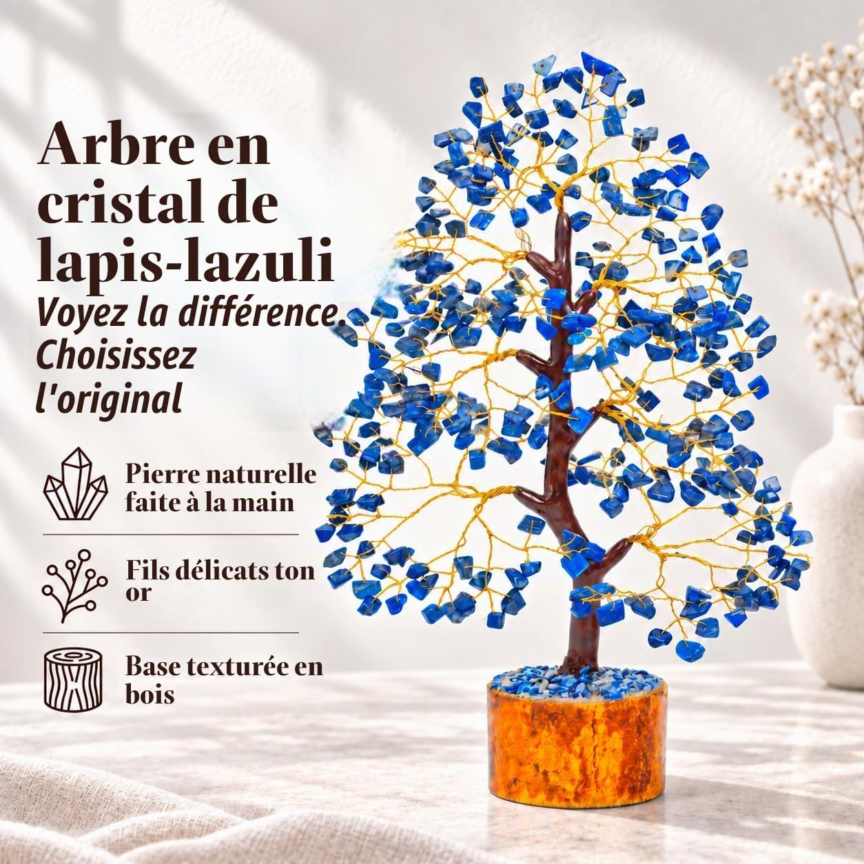 Detalle de Crocon Artificial Tree lapis lazuli edelsteenboom, zilverkleurige bonsai