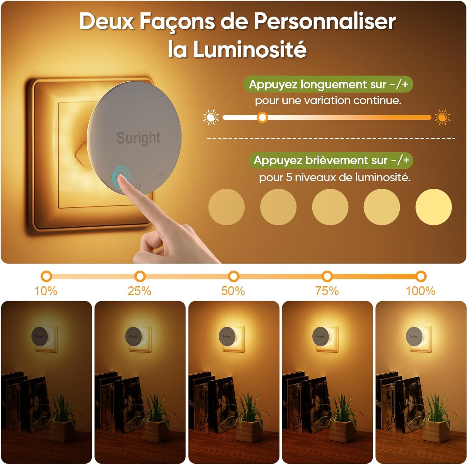 Thumbnail 4 de [Lot de 2] Veilleuses prise à détecteur de mouvement, luminosité réglable et contrôle tactile (blanche chaude, 3 modes)