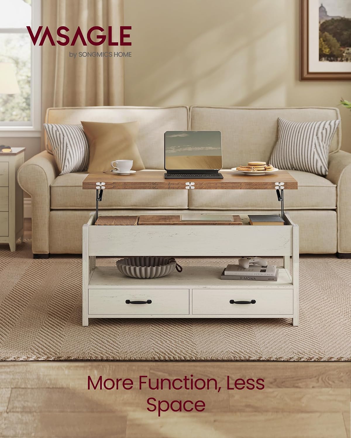Detalle de VASAGLE LCT254W01 Lift-Top Coffee Table, Height-Adjustable, with 2 Drawers