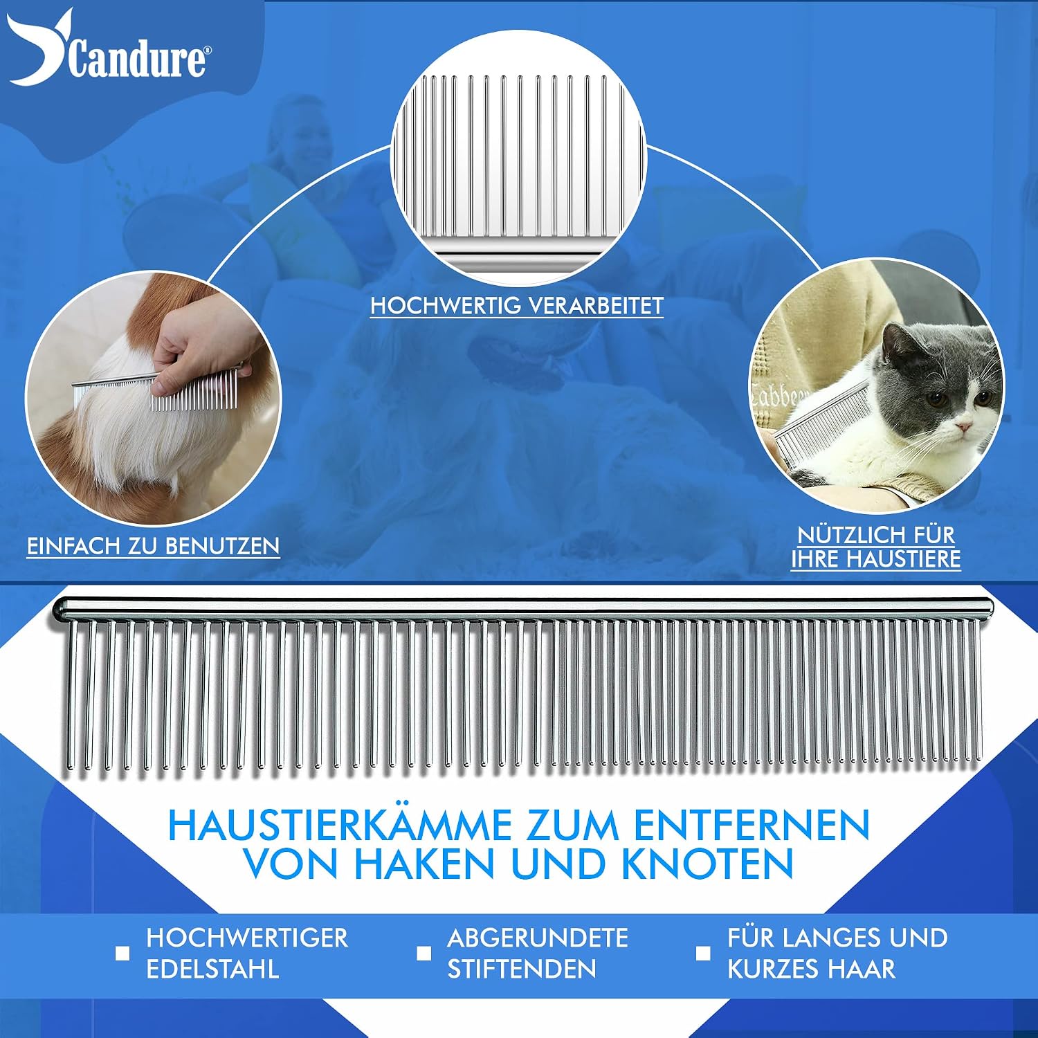 Detalle de Candure Professionelle Hunde- und Katzenbürste – Doppel-Seitenkamm für langes Fell, 9 + 17 Zähne, blau