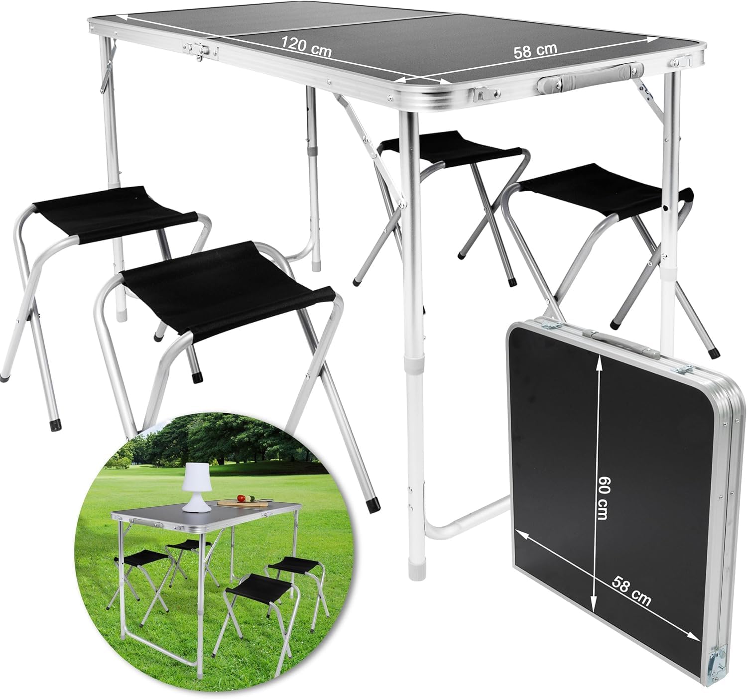 Detalle de Klappbarer Multifunktionstisch 120x60 cm – Höhenverstellbarer Campingtisch & Markt-Tisch aus Aluminiumkanten