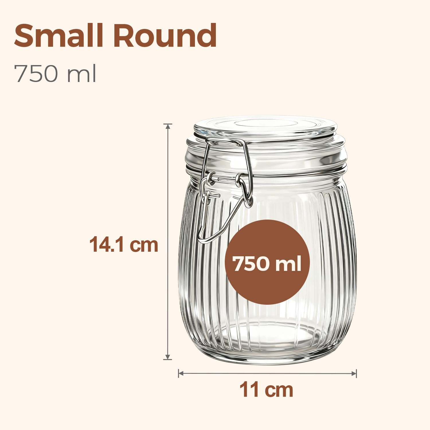 Detalle de ComSaf 750 ml Ribbed Airtight Glass Storage Jars, Set of 6