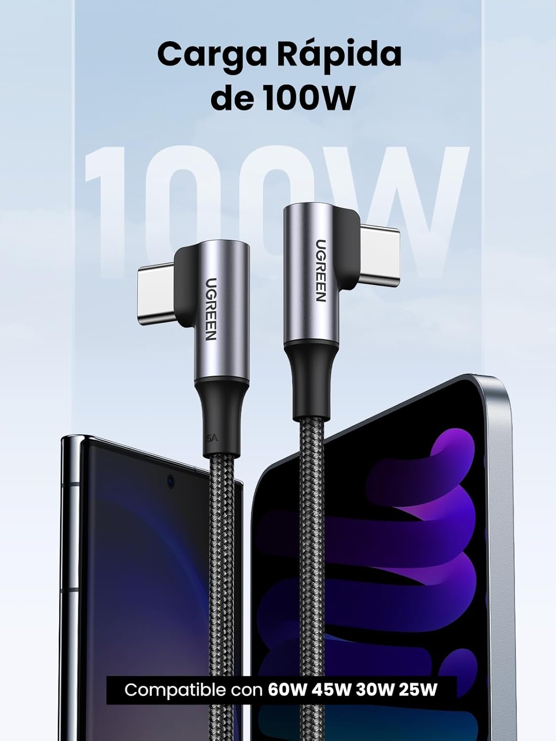 Detalle 2 de UGREEN Cable USB C PD 100W, Carga Rápida 90° ⚡