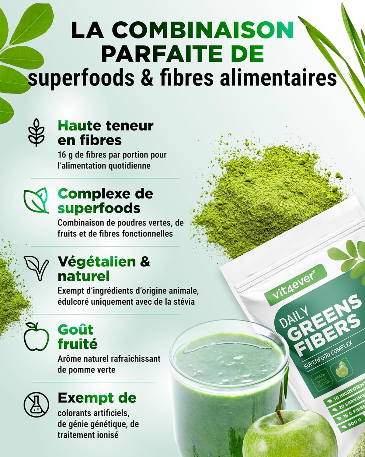 Detalle de Vit4ever Daily Greens & Fiber Poudre (600 g) – combinaison fibres & superfoods au goût pomme verte