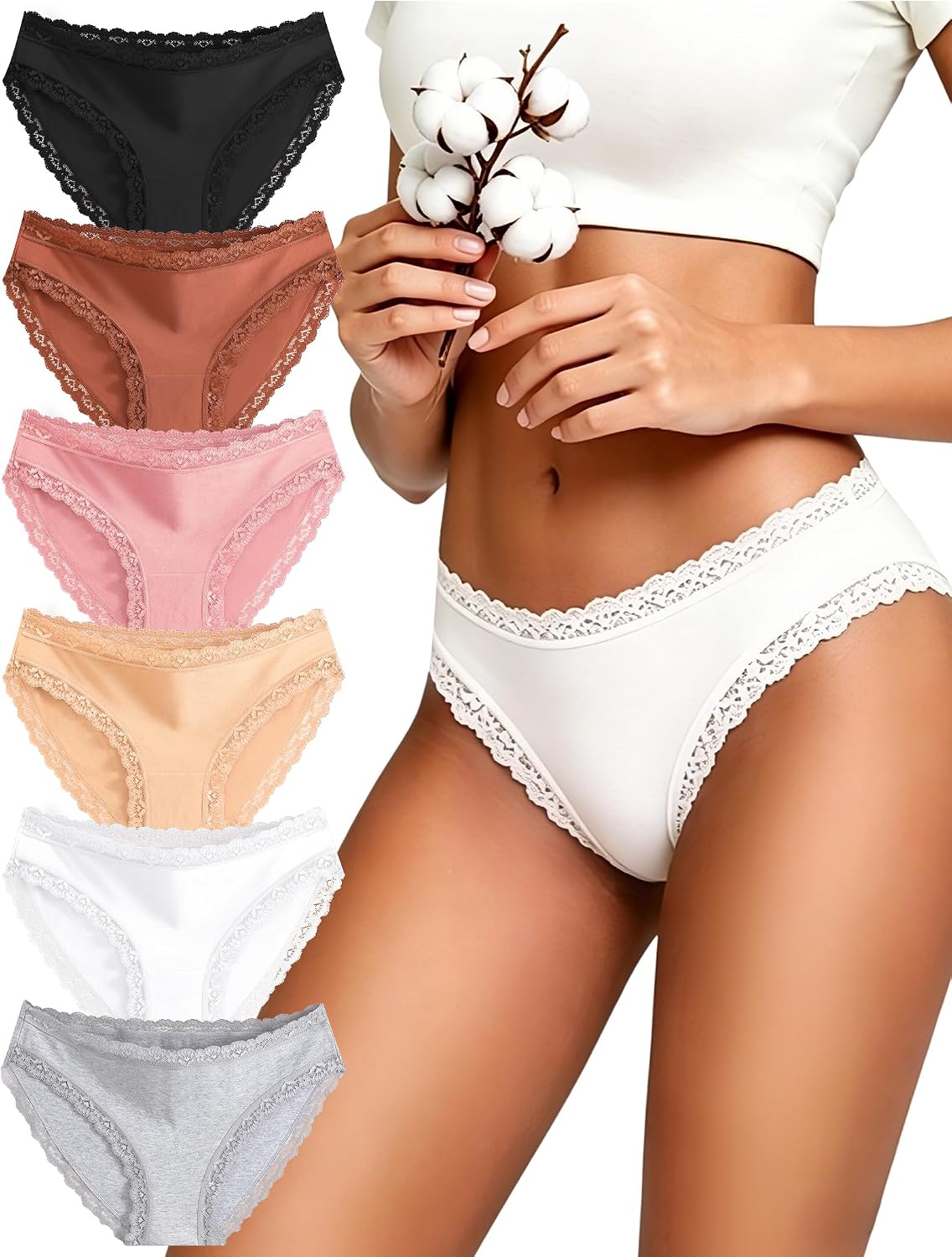 Detalle de Baumwoll Spitzen Slips Damen Set 6er