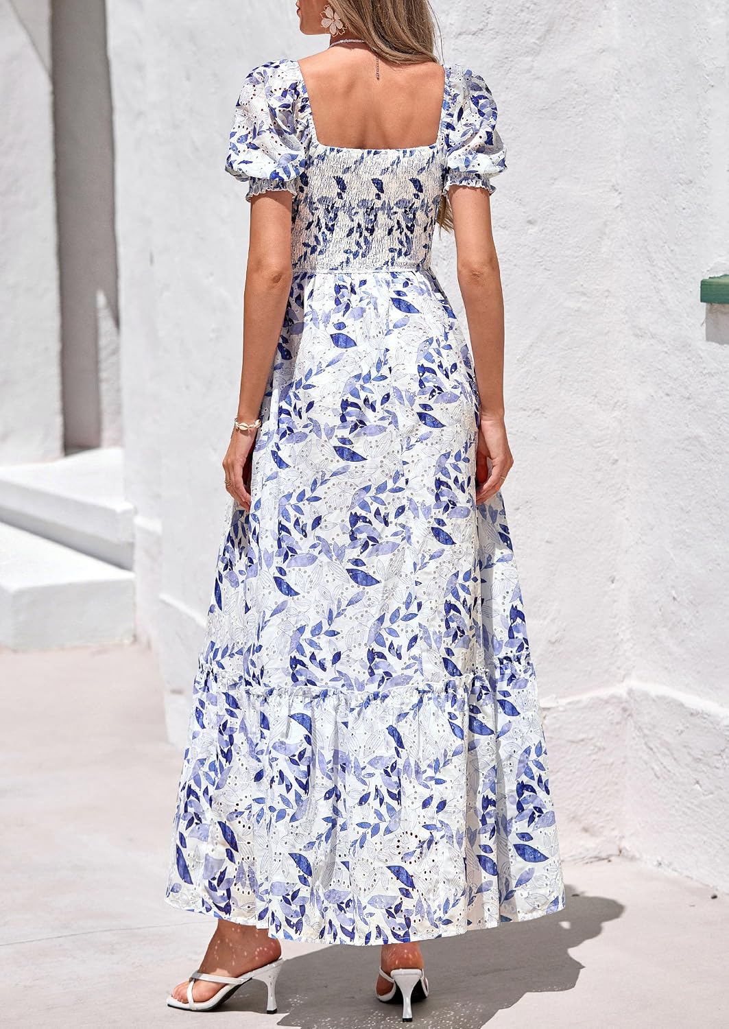 Thumbnail 3 de PRETTYGARDEN Women's Floral Boho Maxi Dress — Eyelet Smocked Bodice, Flowy A-Line with Short Lantern Sleeves