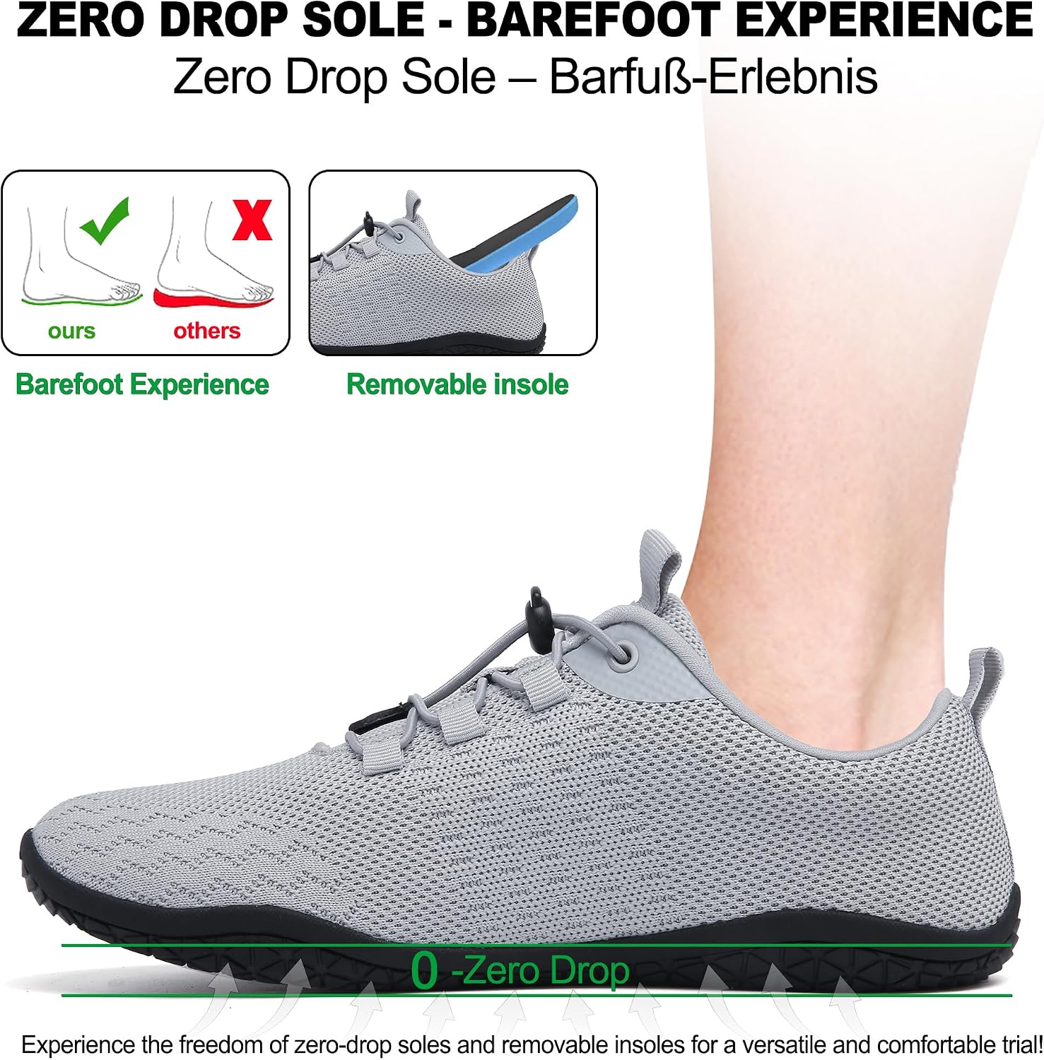 Detalle de Geweo Barfußschuhe Herren/Damen Sommer – Extra breiter Vorfuß, atmungsaktives Strickobermaterial, Zero-Drop-Sohle