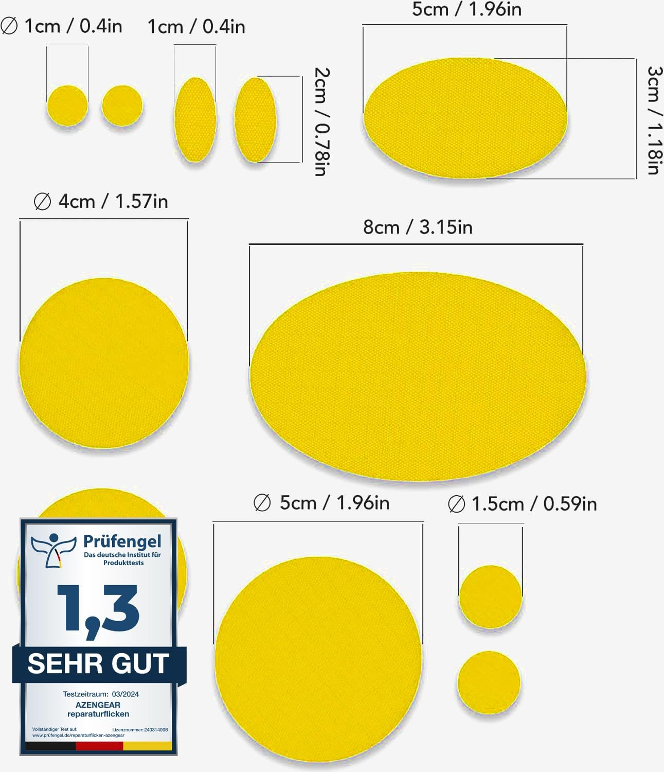Detalle de aZengear Reparaturflicken-Set (11 Stück, Gelb) für Daunenjacken, Zelte, Schuhe & Polster – selbstklebend, wasserdicht