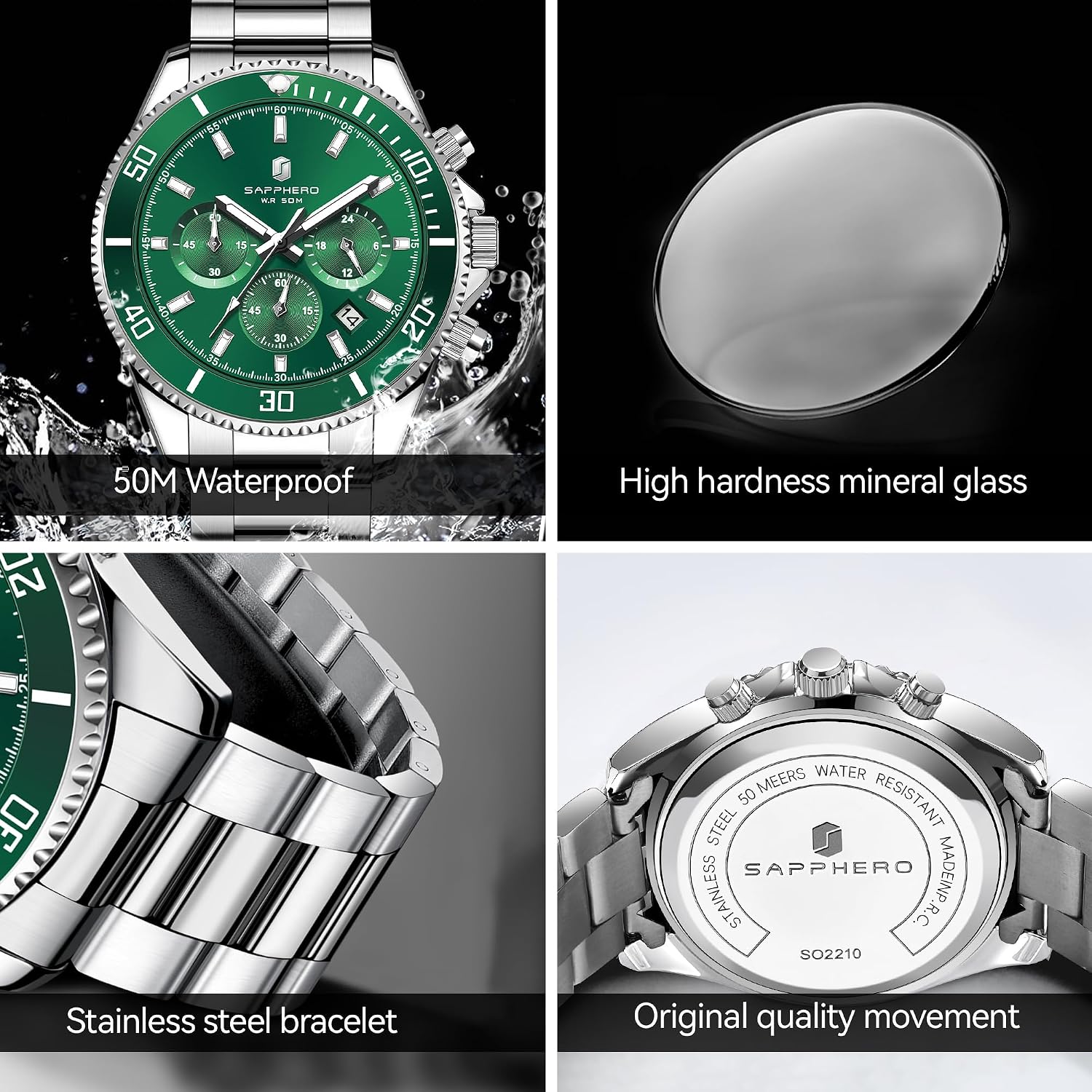 Detalle 2 de SAPPHERO Herrenuhr Chronograph Analog Quarz 50M – Edelstahl, 42 mm Zifferblatt, Kalender, Geschenkidee