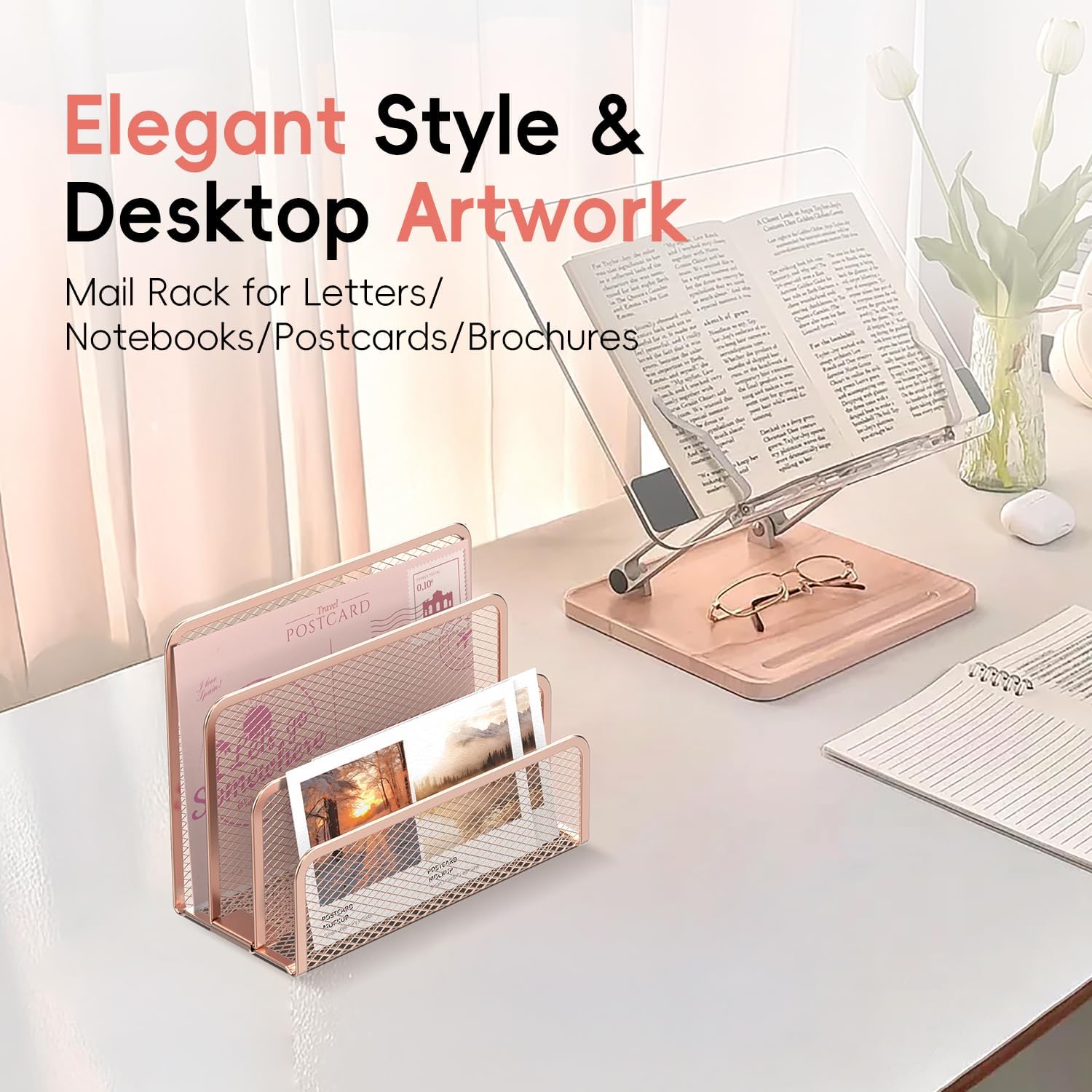 Detalle 2 de SUPEASY Rose Gold Metal Mesh Mail Organizer, 3-Slot Countertop Holder