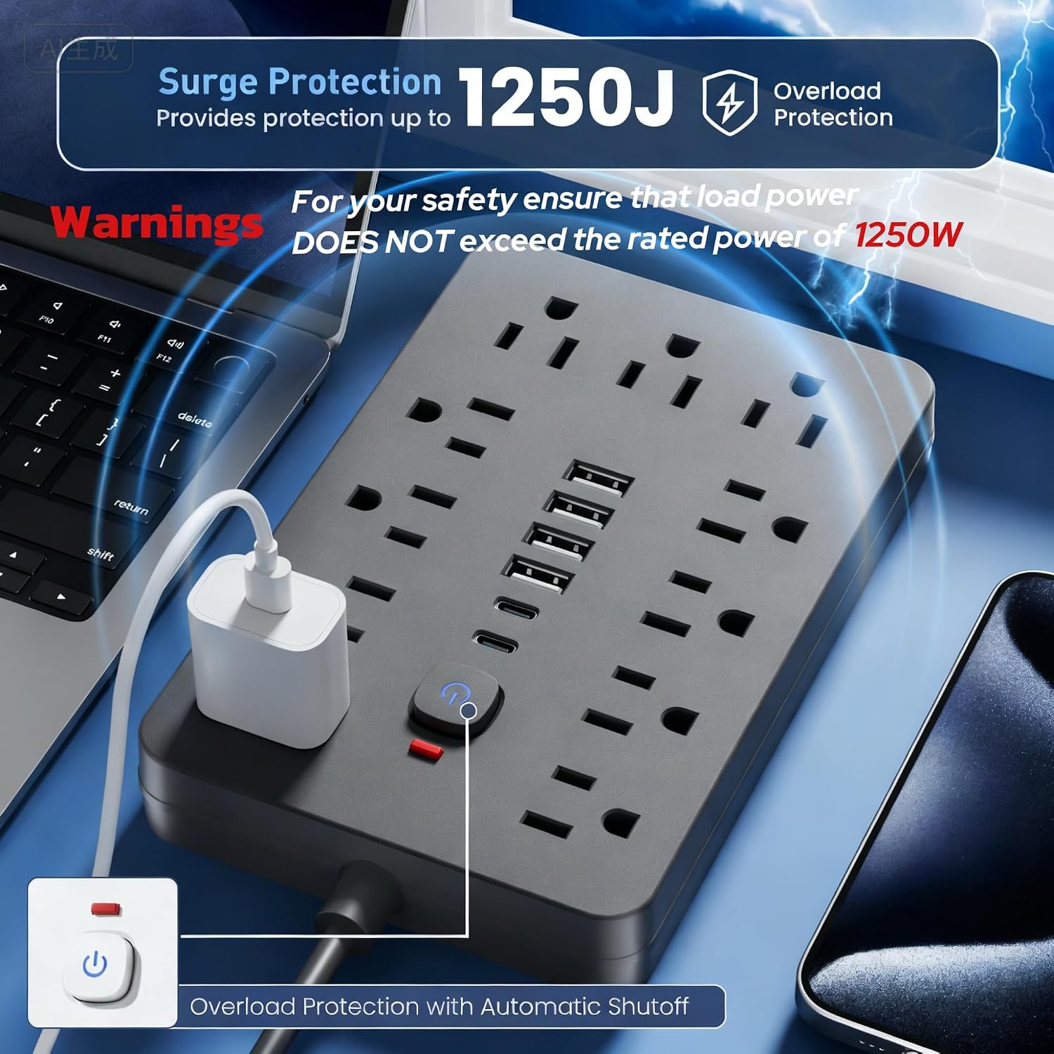 Thumbnail 6 de JouleLoom TT-PS11 Power Strip, 20-Foot Cord, 11 Outlets, 6 USB Ports