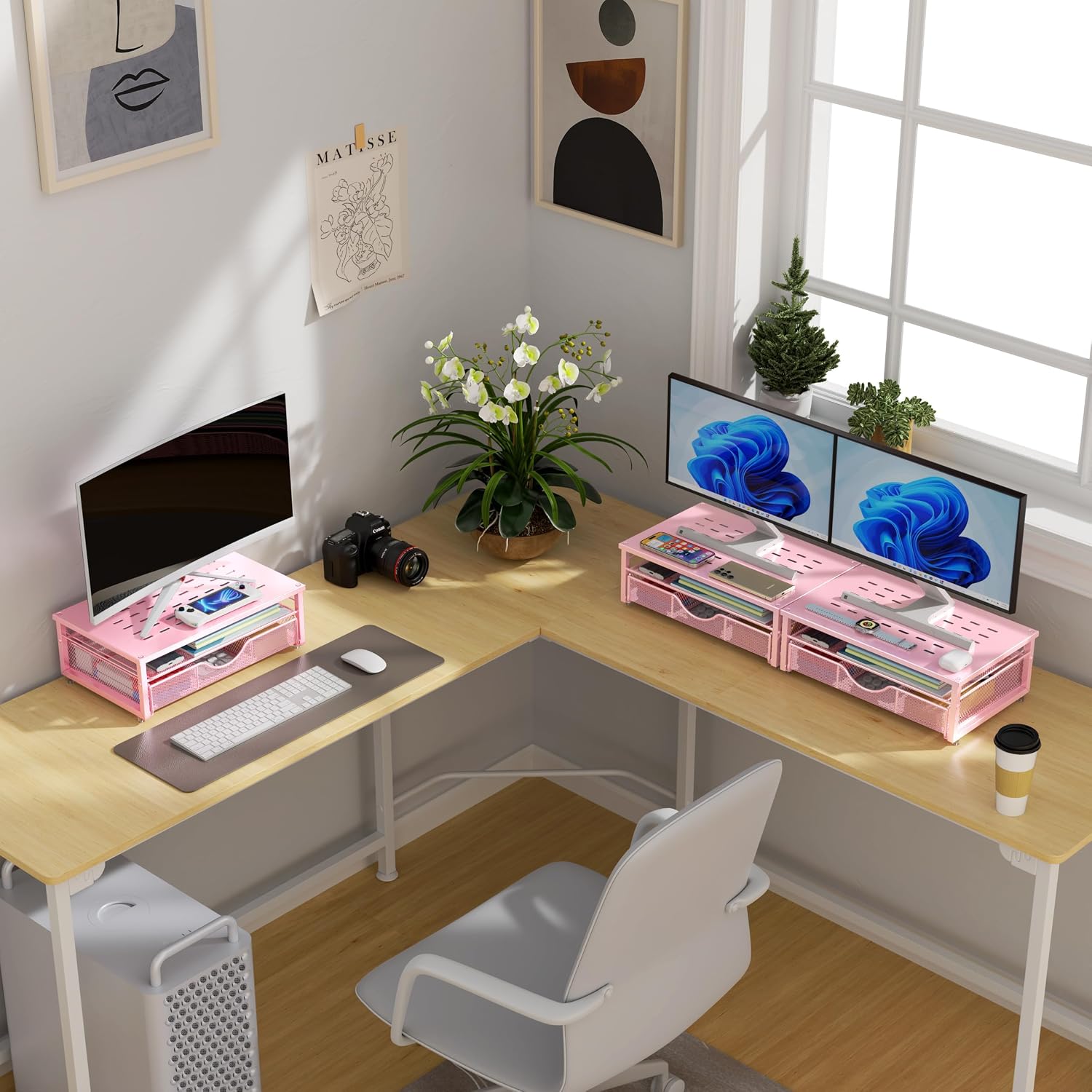 Thumbnail 5 de Pygocereri Monitor Stand Riser with Drawer (Pink) – Desk Organiser & Ventilated Steel, for Monitors, Laptops and Printers