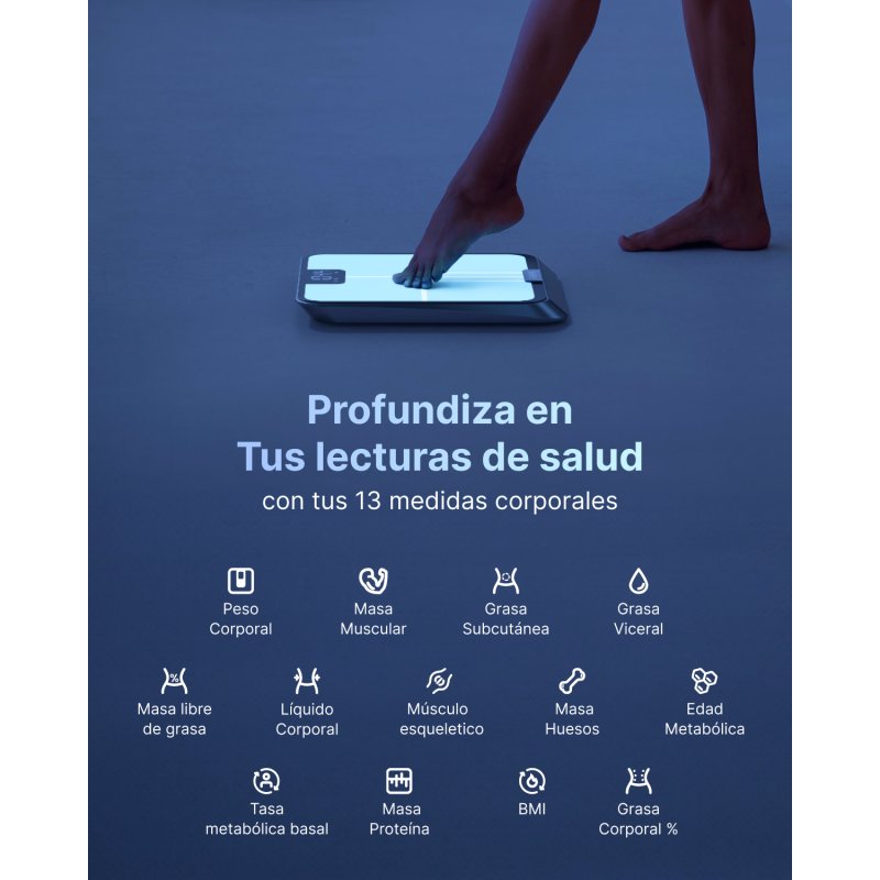 Detalle 2 de Renpho PEU-R-A017: Báscula inteligente con Bluetooth y lectura de 6 parámetros para seguimiento de salud