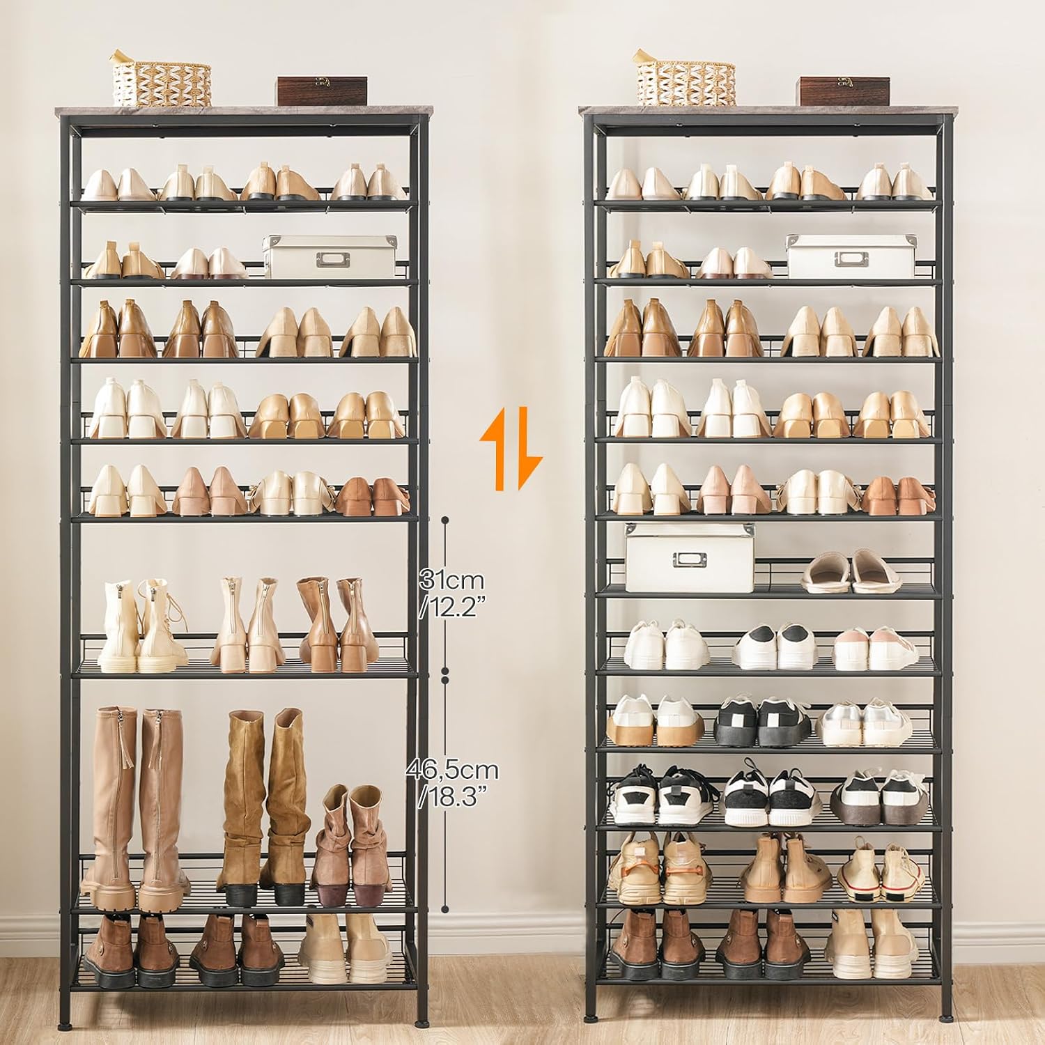 Detalle de HOOBRO BG51XJ01 schoenenrek met 12 niveaus, 44–55 paar, zwart-greige