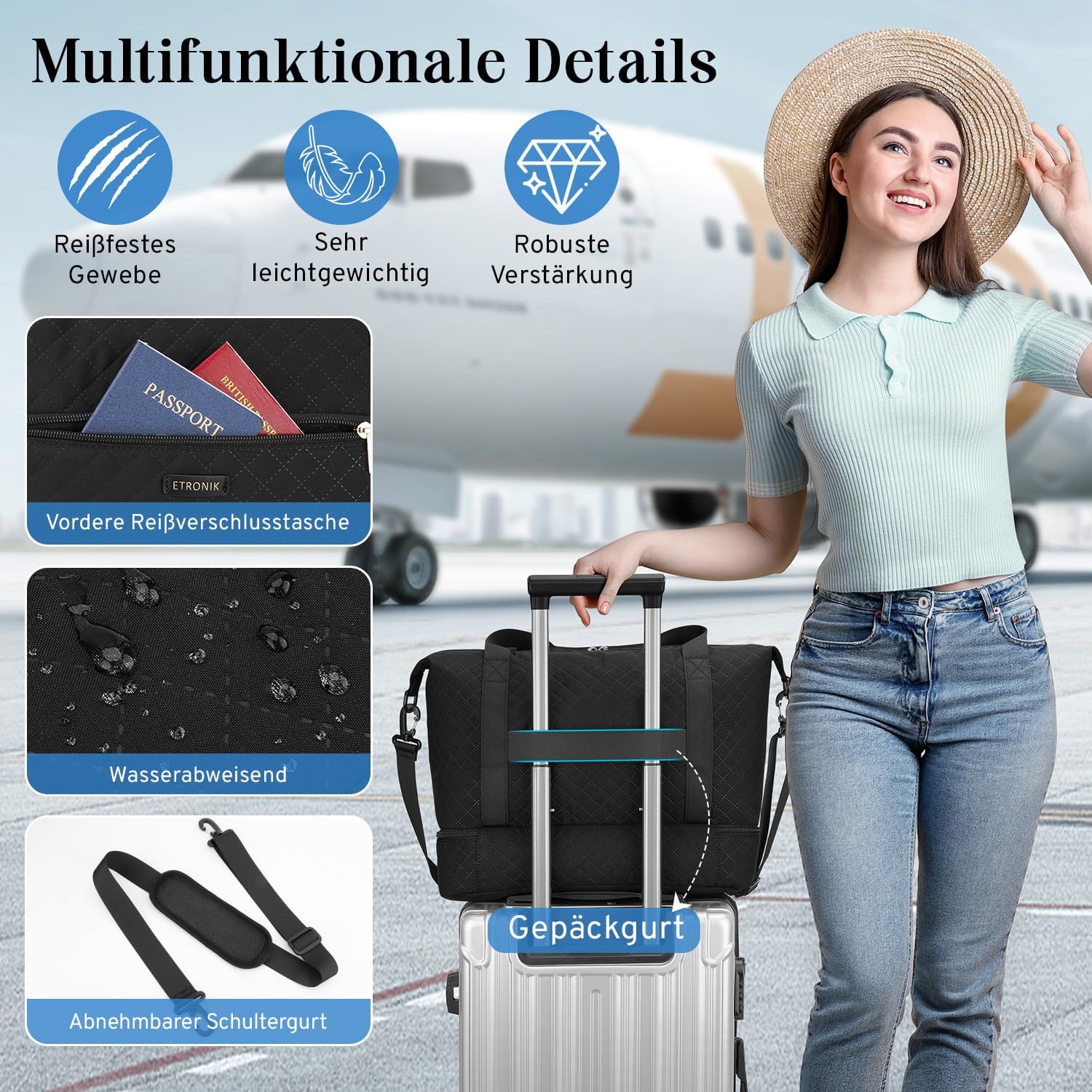 Detalle de ETRONIK Reisetasche Damen Ryanair Handgepäck 40×30×20 cm – wasserdicht, mit Schuhfach und vielseitiger Innenaufteilung