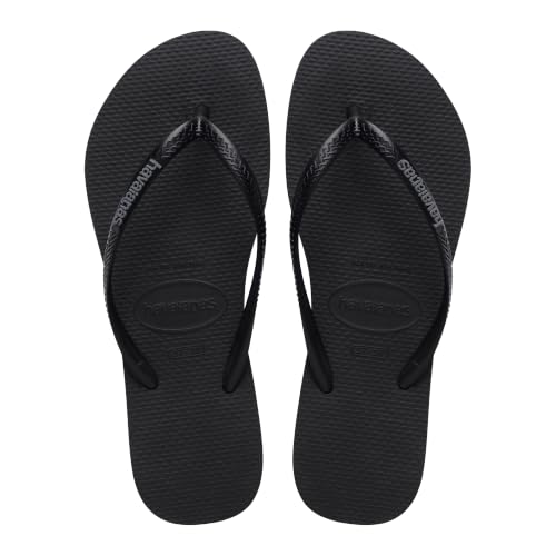 Detalle de Havaianas Slim Logo Pop Up Damen FlipFlop Black/Steel Grey – Slim-Design mit Kontrastlogo