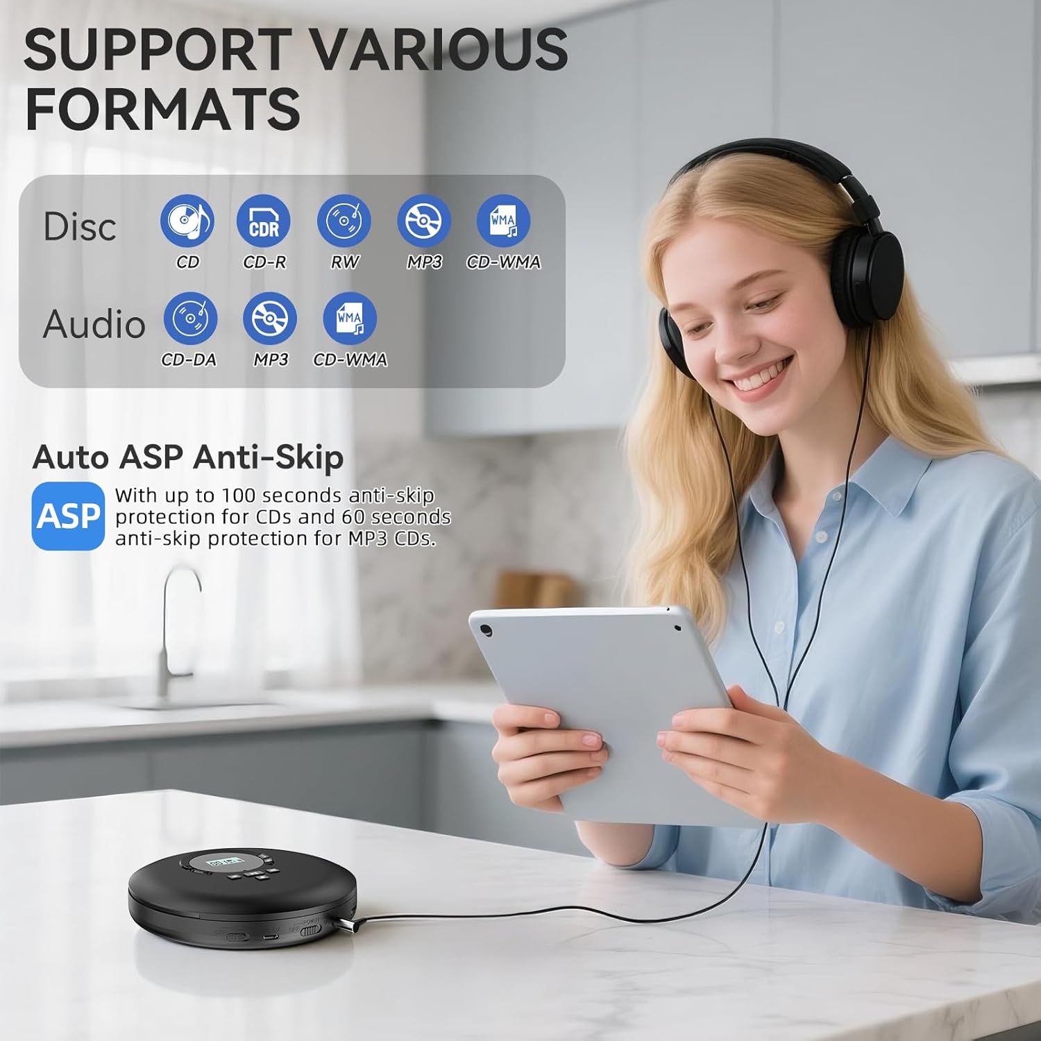 Detalle de Gueray Portable CD Player with Anti-Skip, LCD Display, and 32-Track Program Memory