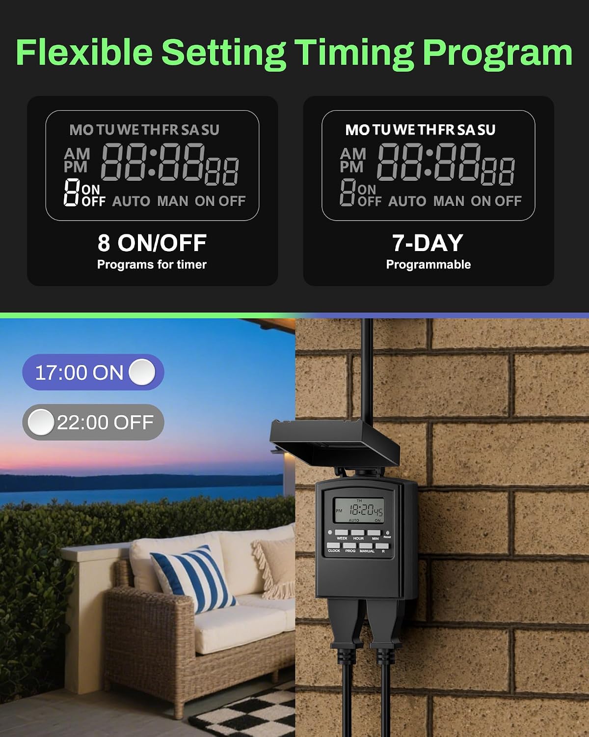 Detalle 2 de BN-LINK Outdoor 7-Day Timer Outlet, 2-Pack, Dual Outlets, 8 Programs