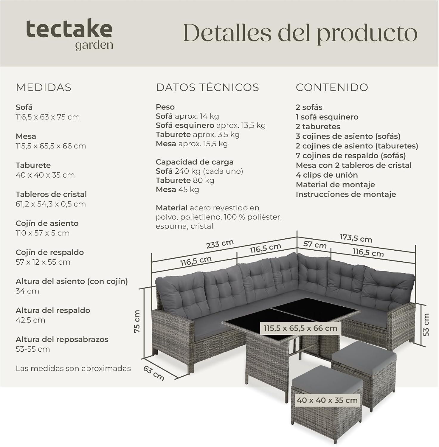 Thumbnail 6 de tectake Conjunto jardín 5 piezas resistente a la intemperie