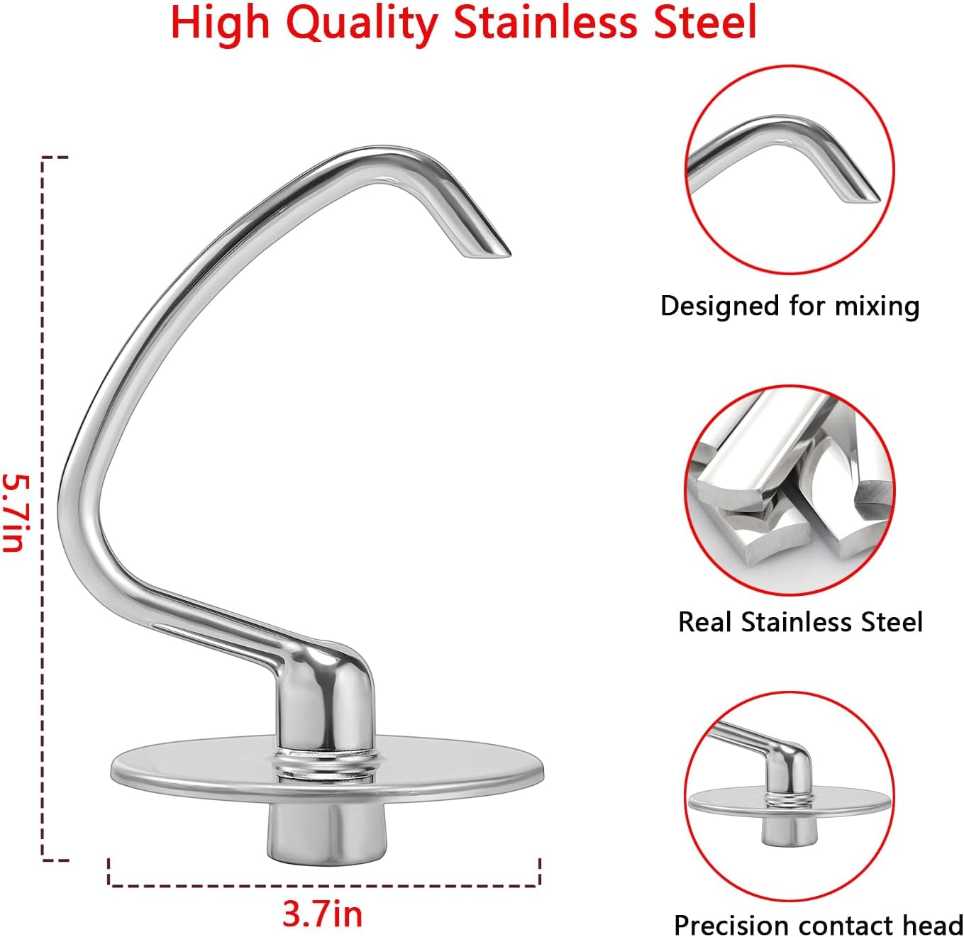 Thumbnail 6 de Rafbar Stainless Steel Dough Hook for KitchenAid 4.5QT–5 Quart Tilt-Head Mixers