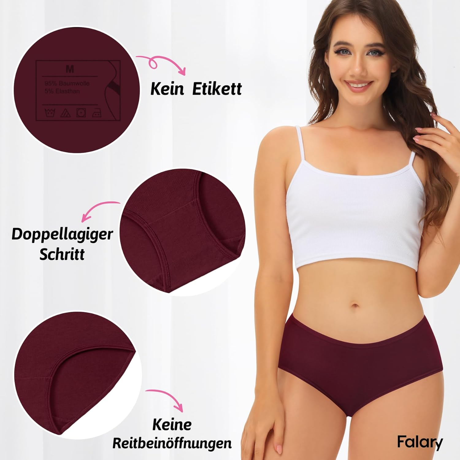 Detalle de FALARY Damen Unterhosen 6er Pack – Mittlere Taille, Baumwolle, atmungsaktiv, elastisch