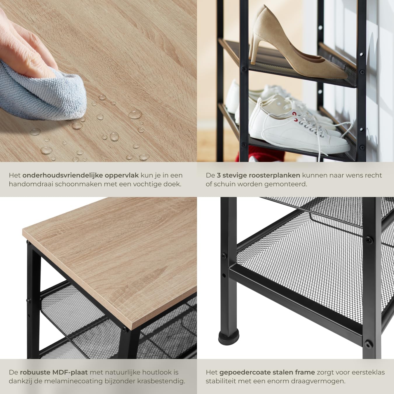 Detalle de tectake Wolverhampton 404284 schoenenrek, industrieel licht eiken, 3 roosters