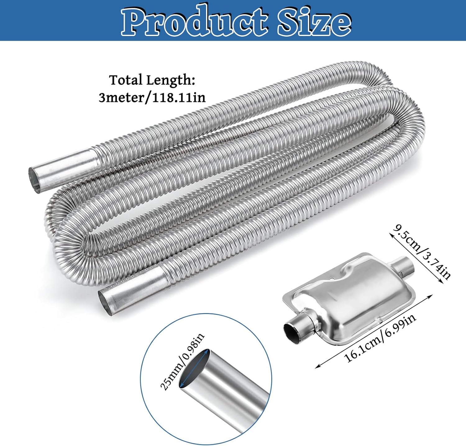 Thumbnail 1 de Diesel Heater Exhaust Pipe, 300cm Stainless Steel Exhaust Tubing with Silencer & Hose Clips