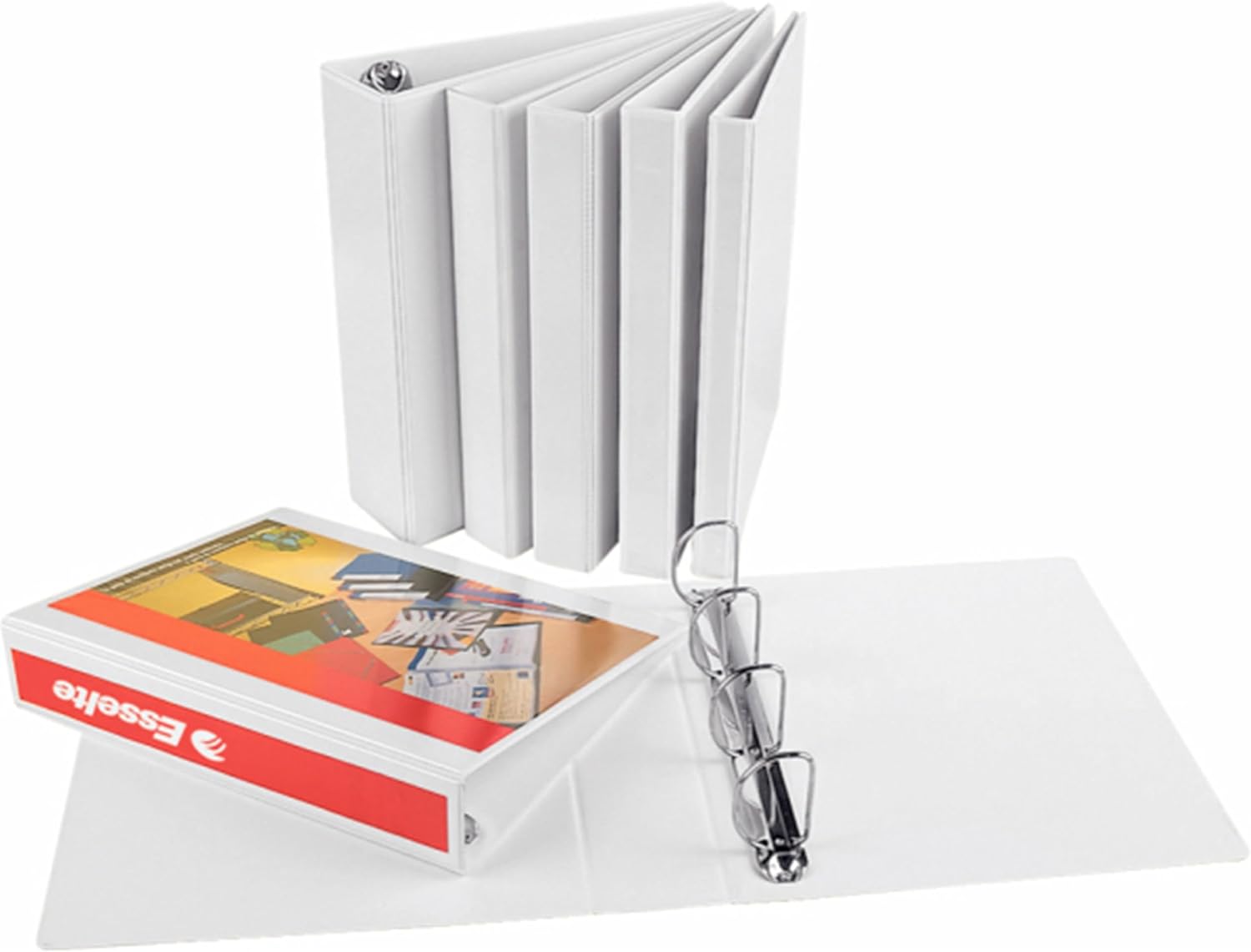Detalle de Esselte ESSENTIALS Panorama Binder: Raccoglitore a 4 anelli D, 280 fogli, bianco, tasche esterne - 26.6 x 31.9 x 5.1 cm