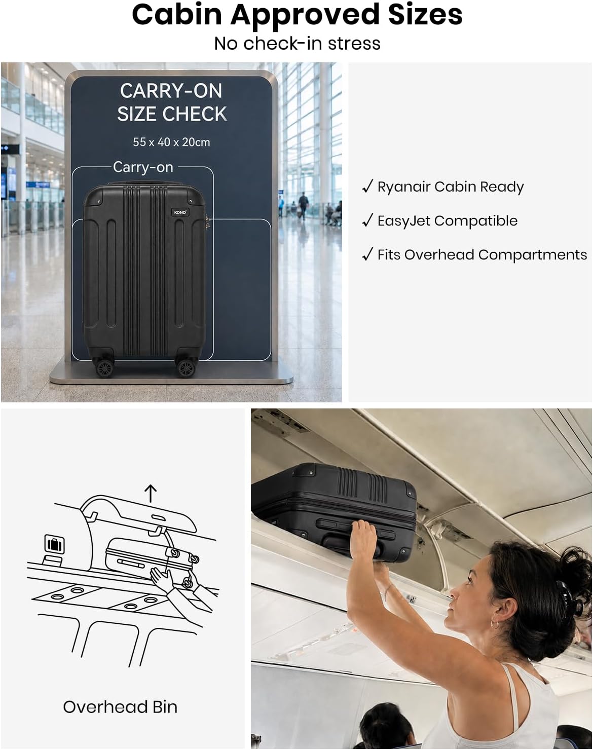 Thumbnail 2 de Kono Cabin Suitcase ABS Lightweight Hard Shell (55x35x20cm, 39L) with 4 Spinner Wheels