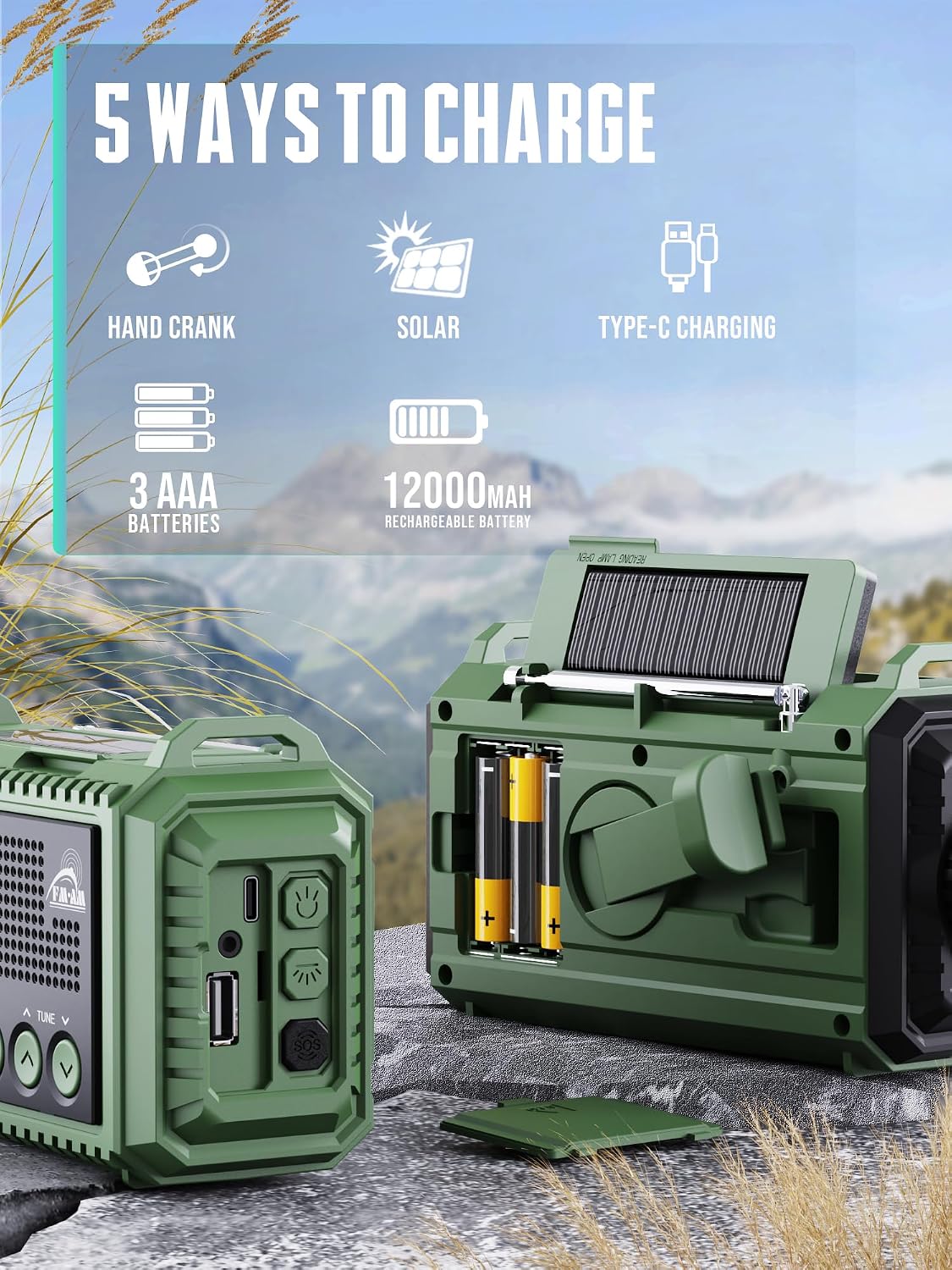 Detalle 2 de ROCAM 1009UItra Emergency Radio, 12,000 mAh, Solar, Crank and USB-C