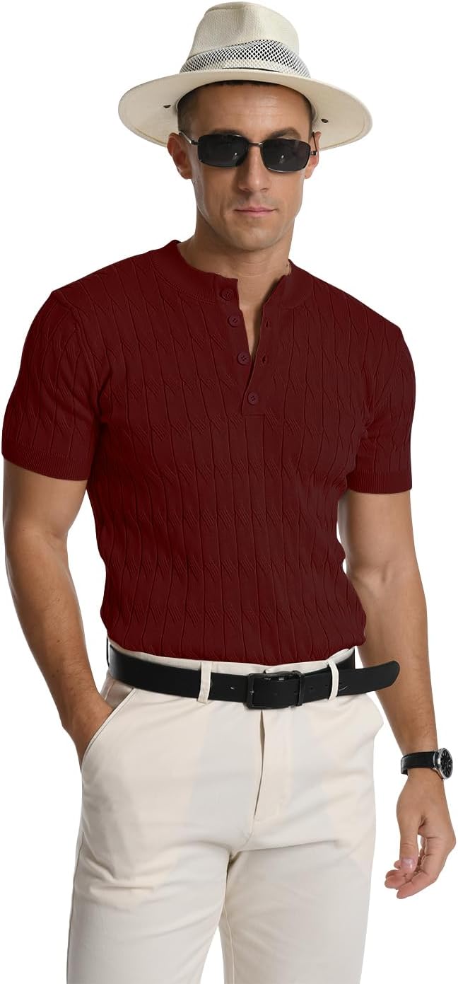 Thumbnail 4 de MLANM Men's Knitted Henley T-Shirt Polo – Short Sleeve, Slim Fit, Lightweight Summer Comfort
