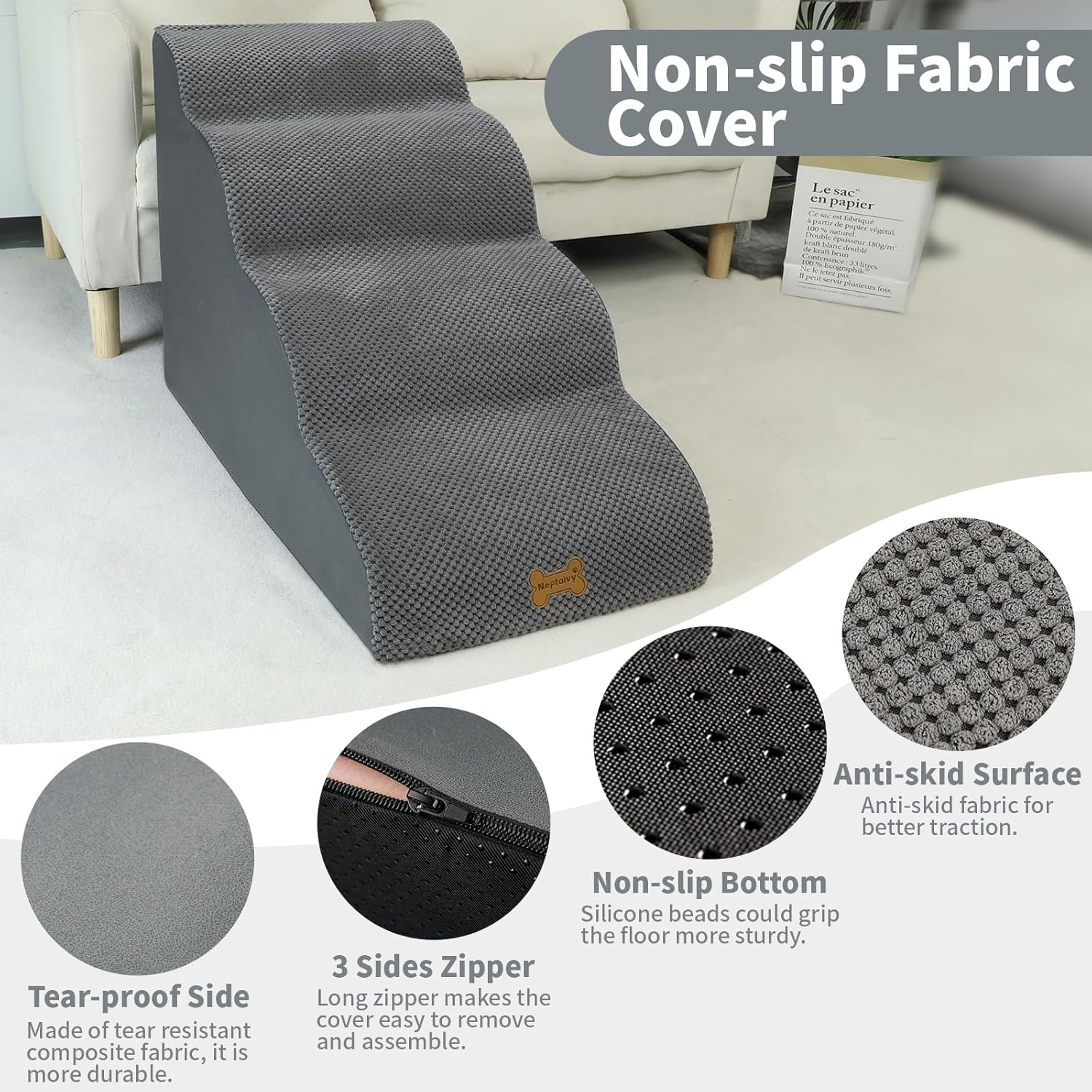 Thumbnail 3 de Nepfaivy 4-Step Dog Steps for Bed with High-Density Foam & Removable Cover (75 x 50 x 40cm)