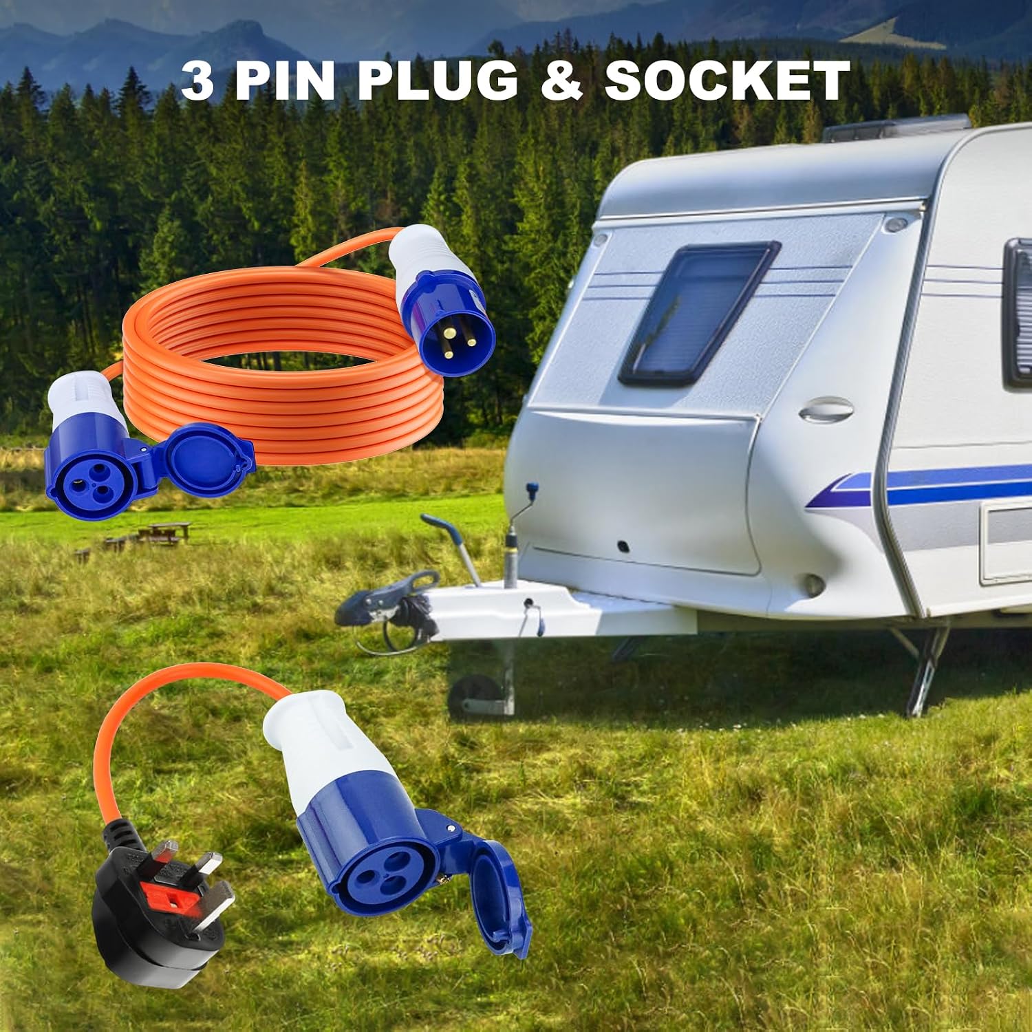 Thumbnail 2 de 10m Caravan Hook Up Cable (240V 16A) with 3-Pin Fly Lead Converter and Carrying Bag