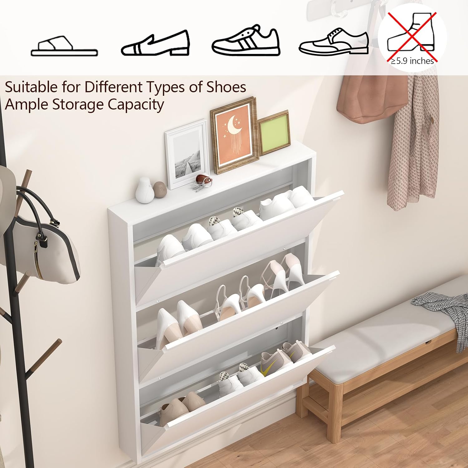 Thumbnail 4 de GREATMEET S-WHITE3 Metal Shoe Cabinet, 3 Flip Drawers, White
