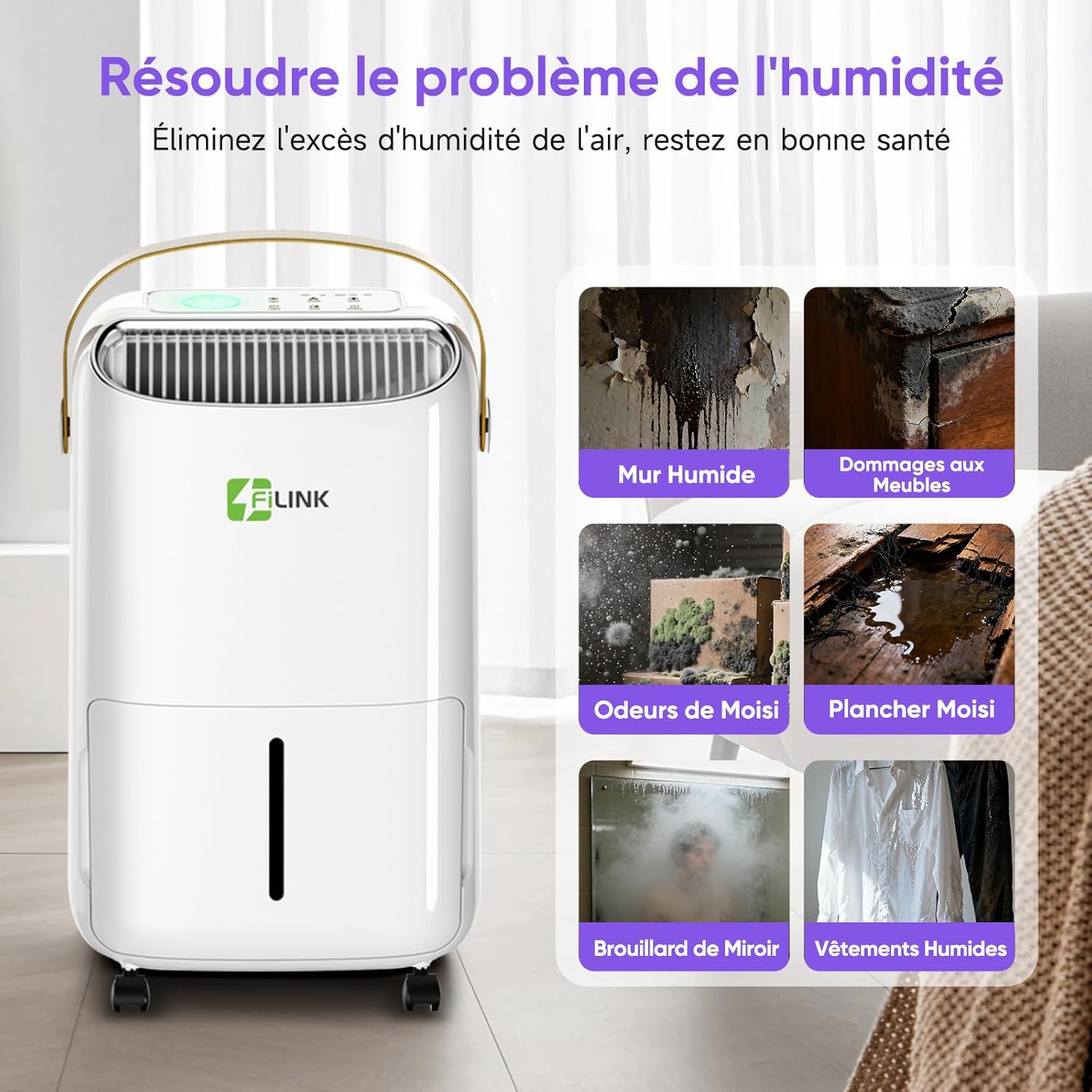 Detalle de Deshumidificateur d'Air 16L/Jour FILINK – 110 m³, 45 m², minuterie 24h et sécurité enfant