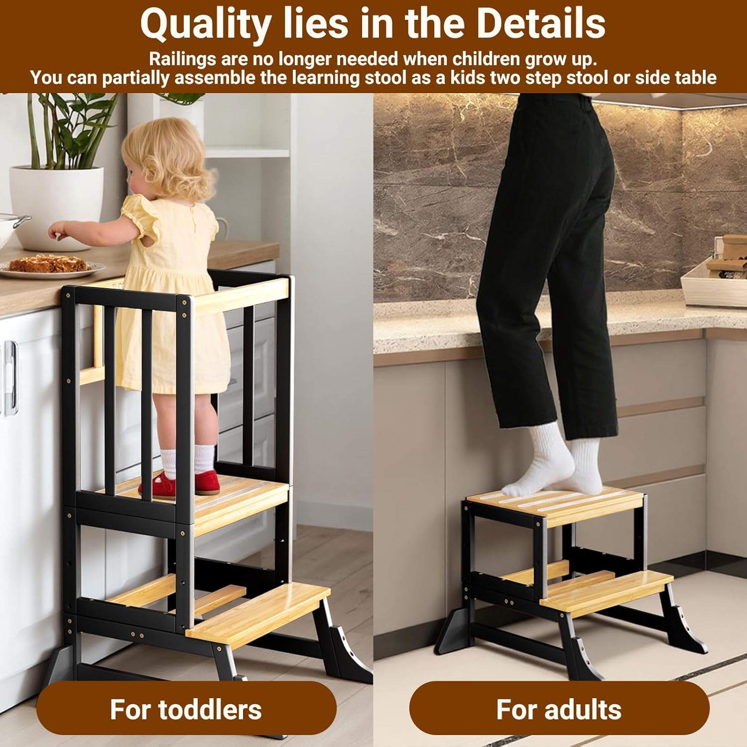 Thumbnail 6 de COSYLAND Height-Adjustable Toddler Standing Tower – Stable Bamboo Kitchen Stool (Black & Natural)