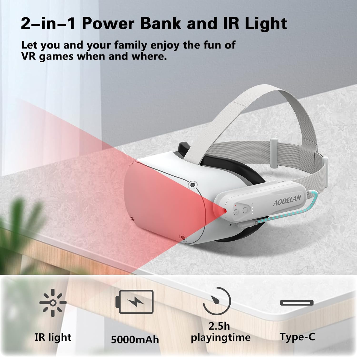 Thumbnail 1 de 5000mAh Battery Pack with IR Light for Meta/Oculus Quest 2 (enhanced hand tracking in low light)