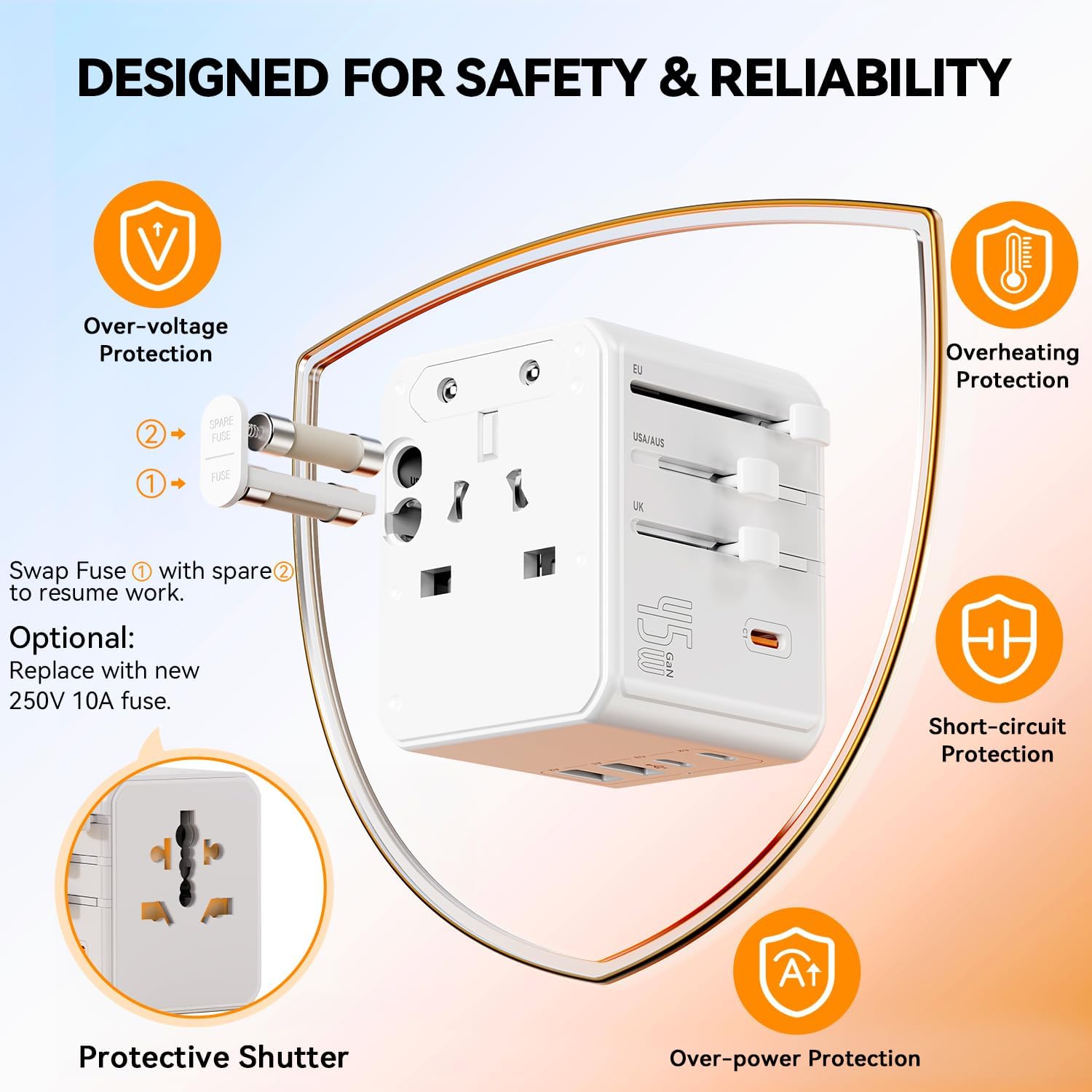 Detalle de Auxmir Universal Travel Adapter — 8-in-1 Worldwide Power Plug with 3 AC, 3 USB-C PD, and 2 USB-A Ports