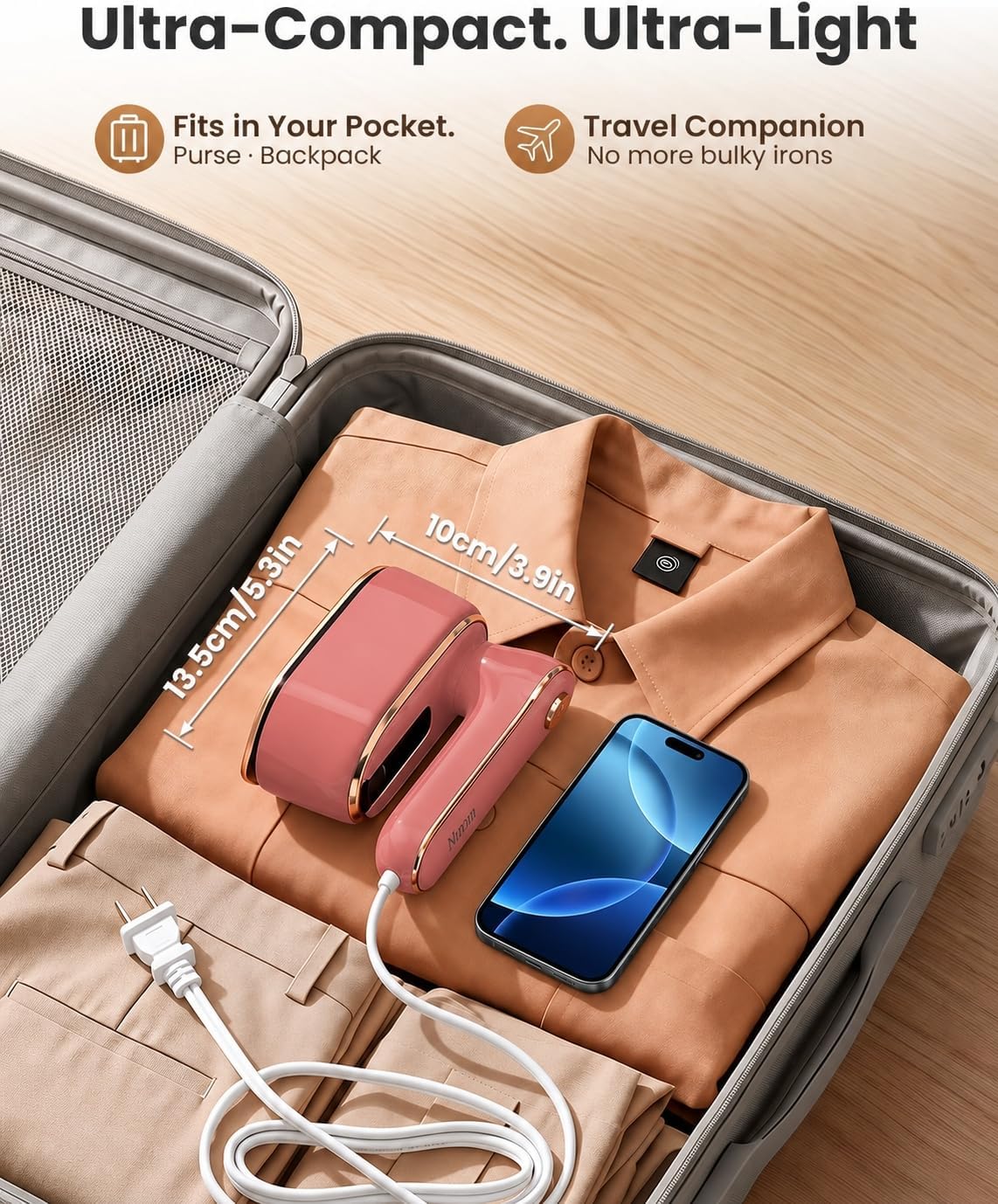 Detalle de Nirrom N03 Travel Garment Steamer, 970W, 180° Rotating Handle, Dusty Rose