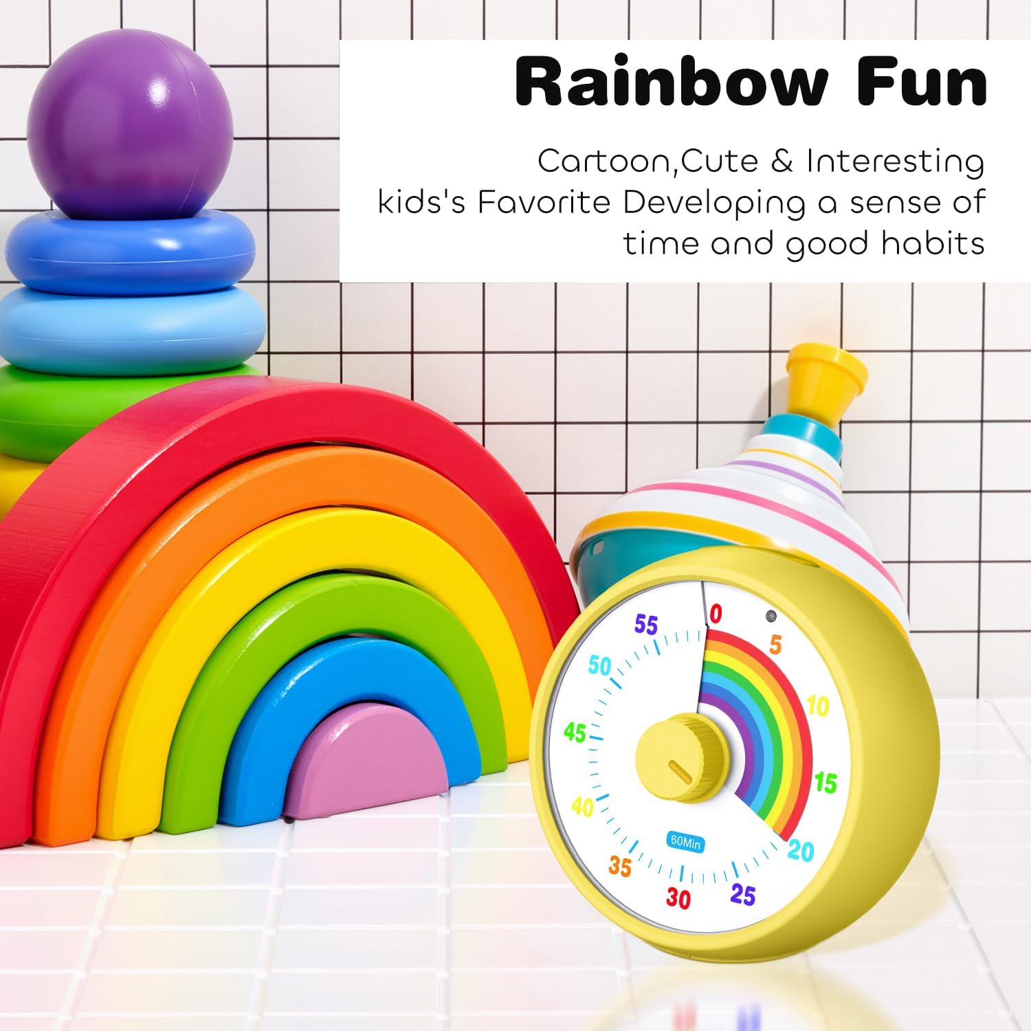 Detalle de kiecky squirrel visueller Timer für Kinder – 60-Minuten Countdown mit leisem Betrieb (Tomato Time, Regenbogenmuster)
