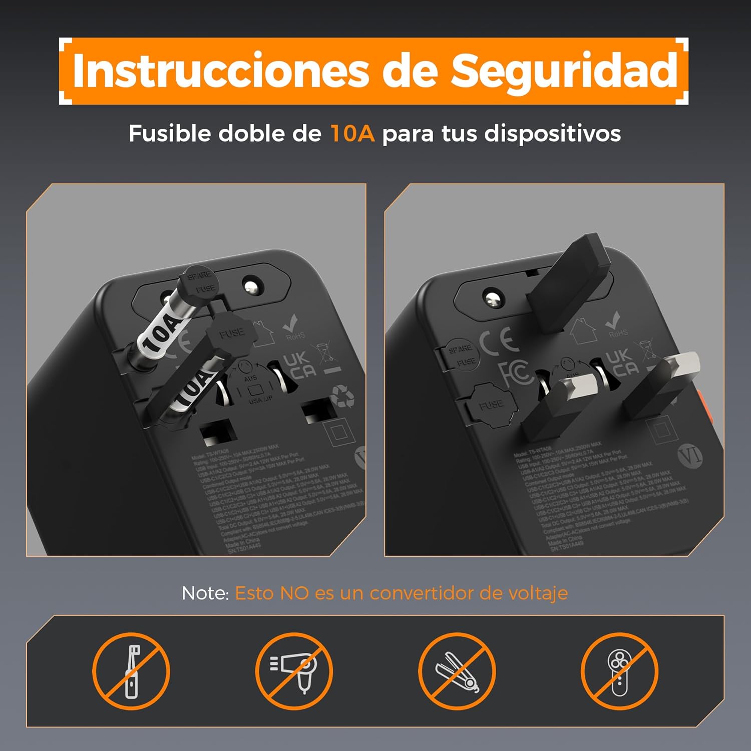 Thumbnail 4 de TESSAN Adaptador de enchufe universal de viaje con cargador: 3 USB-C y 2 USB-A