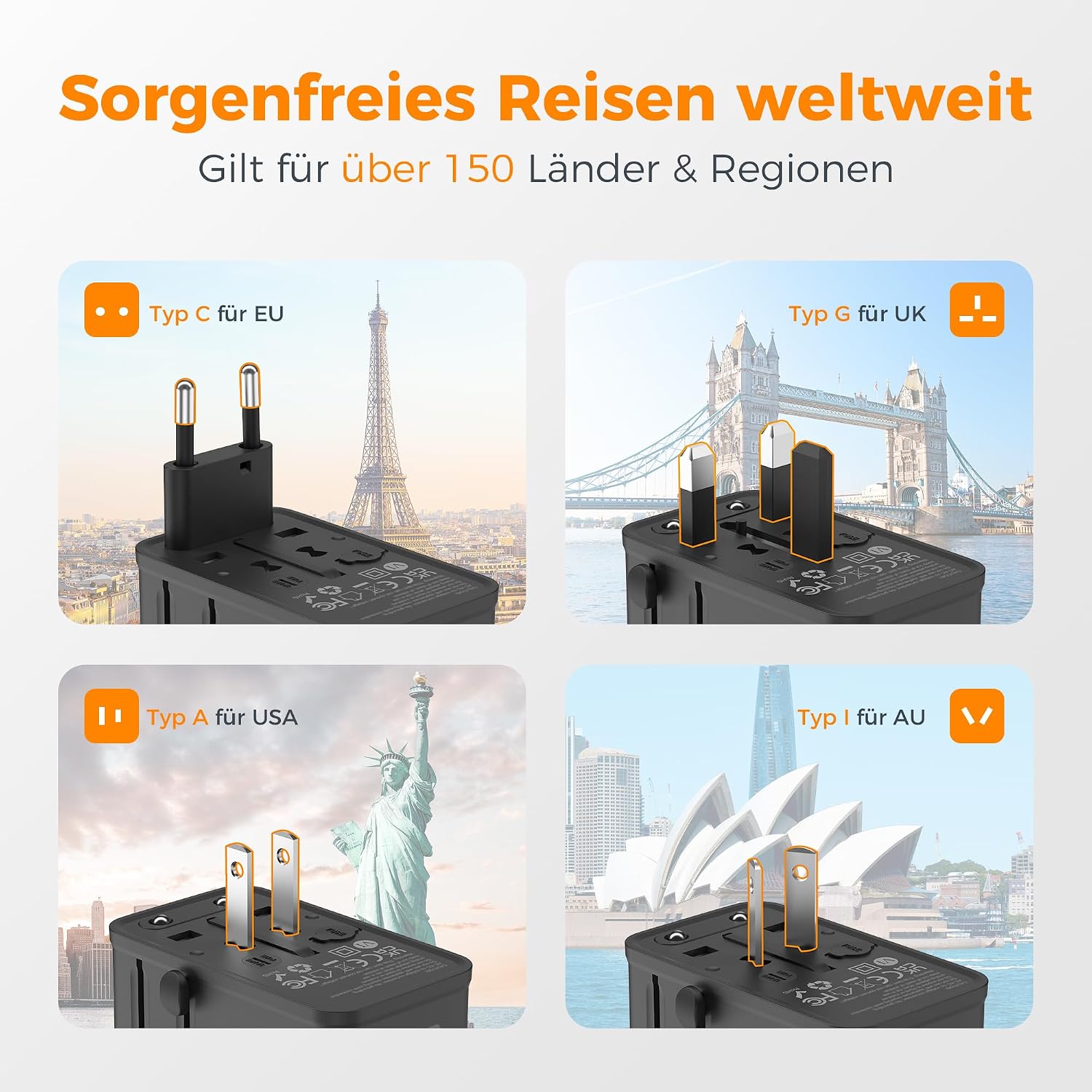 Detalle de TESSAN 65W GaN Reiseadapter für Welt