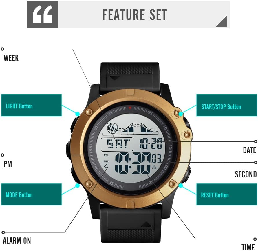Detalle de TONSHEN Herren Outdoor Digitaluhr 50M Wasserdicht mit LED-Hintergrundbeleuchtung – Stoppuhr, Countdown und Dual Time