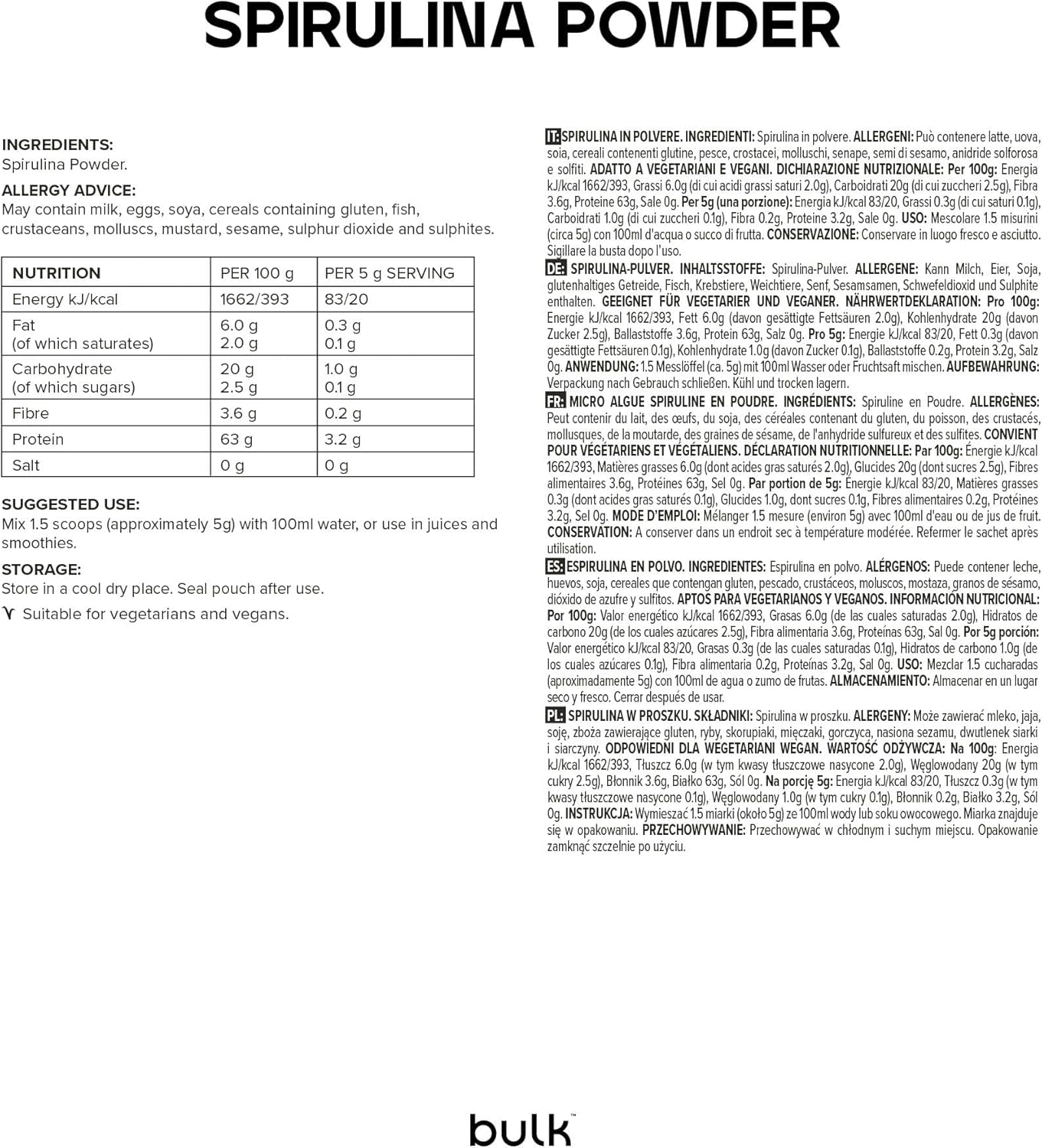 Detalle 1 de Bulk Espirulina en Polvo 500g 🌱 | 100 Dosis