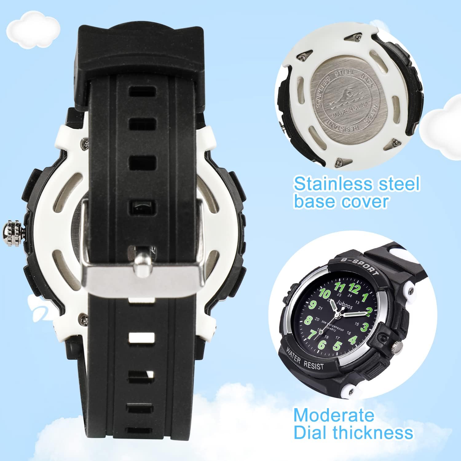 Detalle de Juboos Neue 7-Farbige Kinderuhr – Analoge Quarz-Uhr für Jungen & Mädchen, 30 m wasserdicht, mit weichem Armband