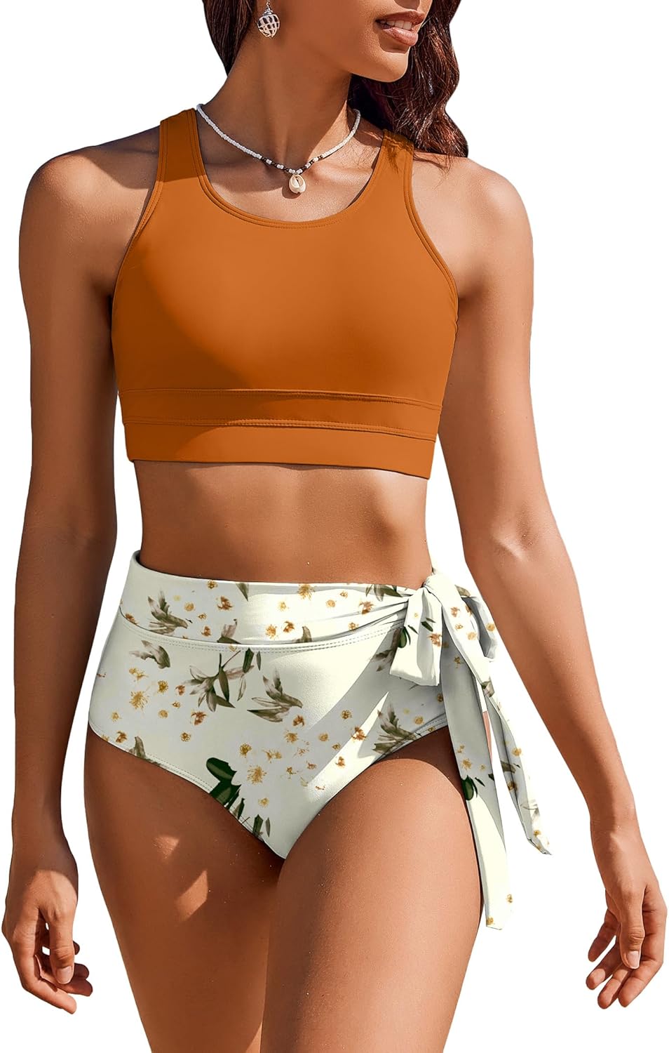 Thumbnail 6 de AI'MAGE Costumi da Bagno Donna a Due Pezzi Vita Alta: stampa leopardata/tropicale, imbottitura rimovibile