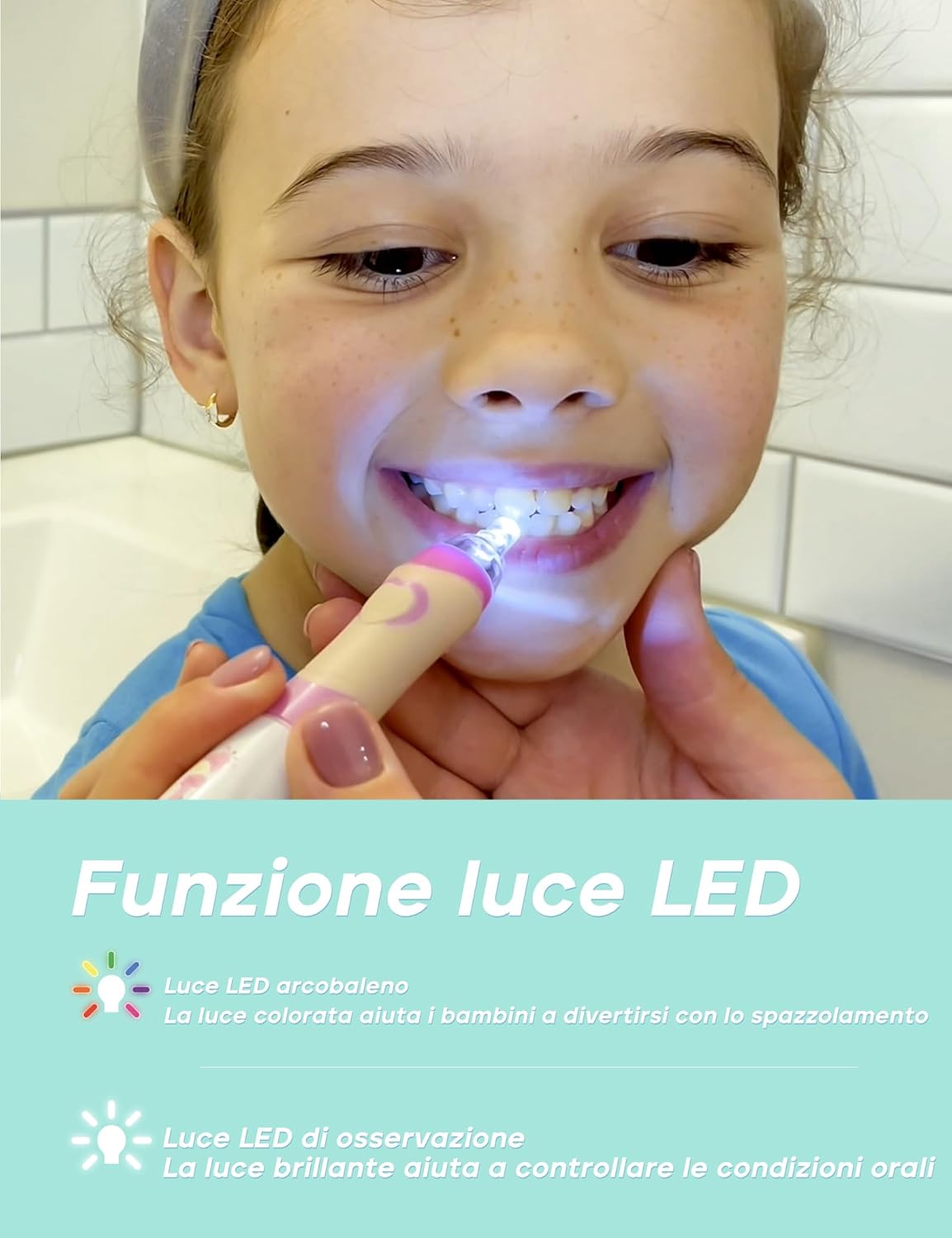 Detalle de Seago Spazzolino Elettrico Bambini 3-12 anni SG-977 verde con 8 testine, LED e timer
