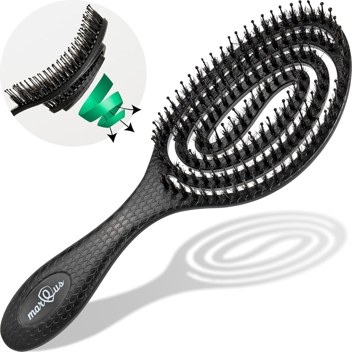 Detalle de Bio Haarbürste ohne Ziepen mit Wildschweinborsten – Entwirrbürste mit Spiral-Design, für nasses & trockenes Haar, Schwarz