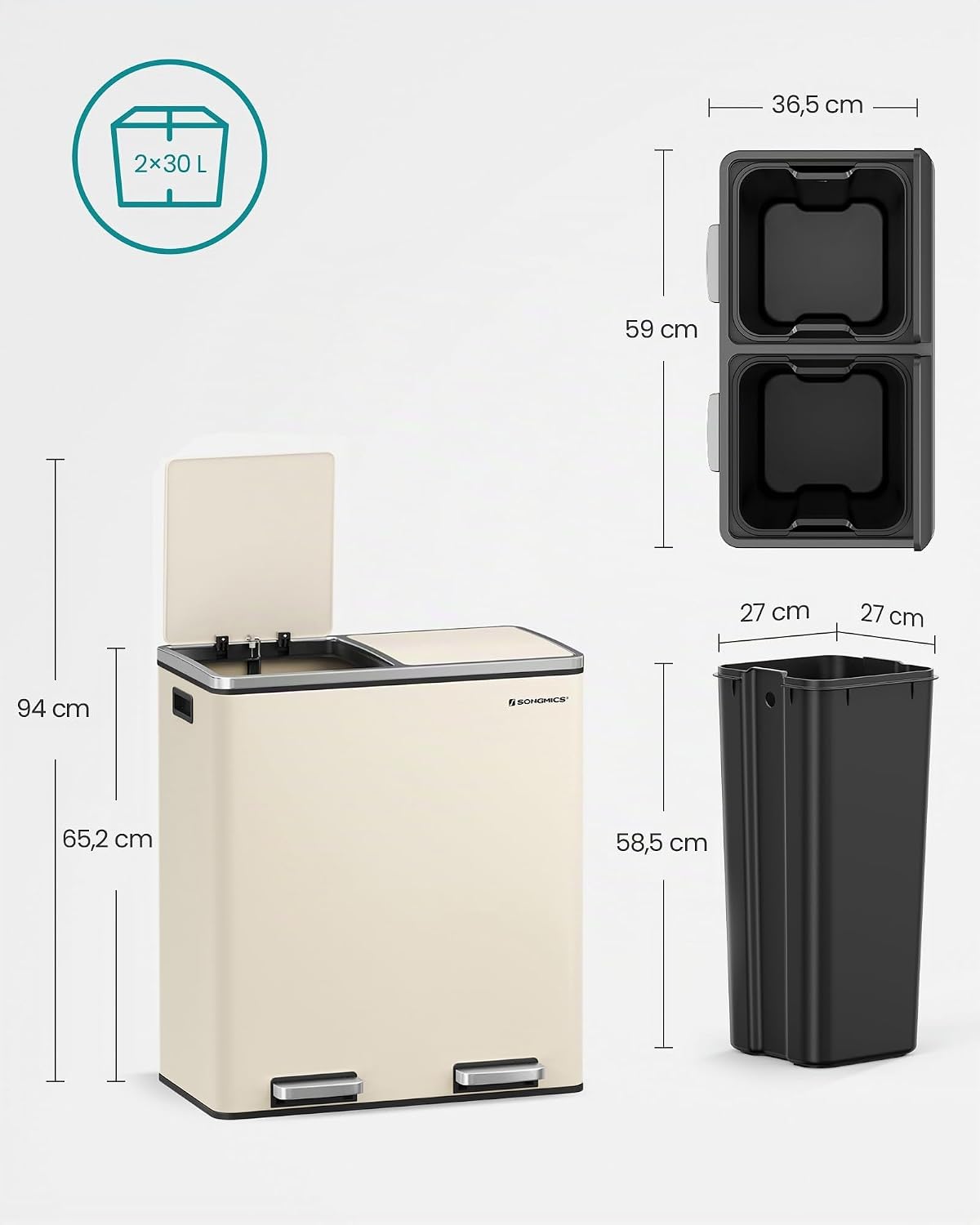 Detalle de SONGMICS Mülleimer 2x30 L – 2 Fächer, Mülltrennsystem, Treteimer mit Softclose und 15 Müllsäcken (Mandelfarben, LTB060A01)