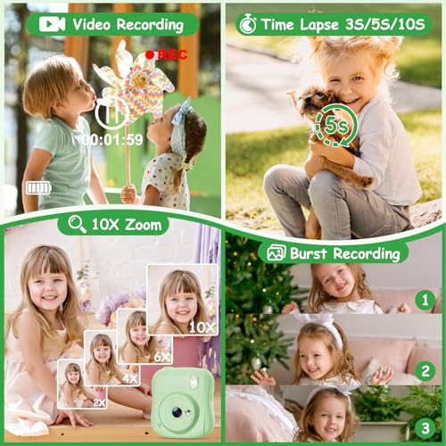 Detalle 2 de Hangrui Cámara Fotos Infantil Instantánea 1080P con Tarjeta 32GB, Papel + Bolígrafos de Colores – Verde
